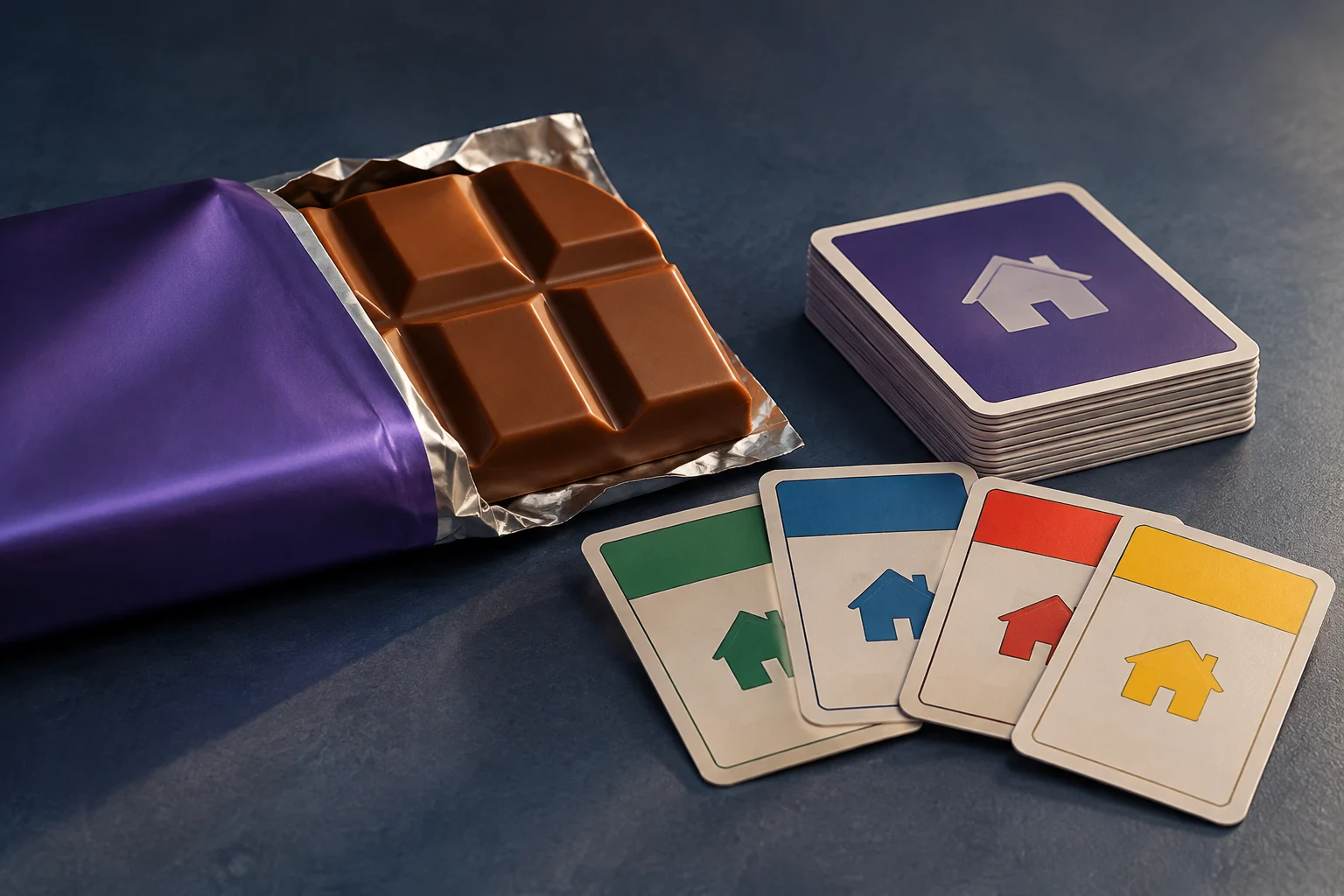 Eine teilweise in violette Folie gewickelte Schokoladentafel neben mehreren bunten Spielkarten mit Haussymbolen.