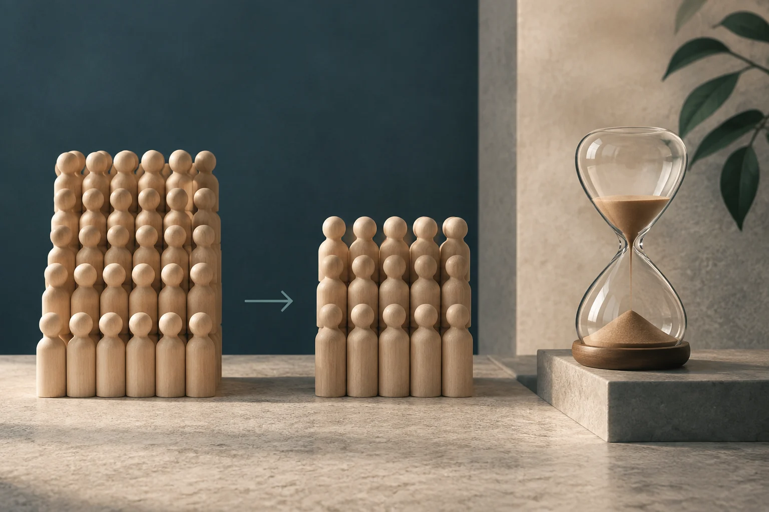 Eine große Gruppe Holzfiguren zeigt mit einem Pfeil auf eine kleinere Gruppe; rechts steht eine Sanduhr.