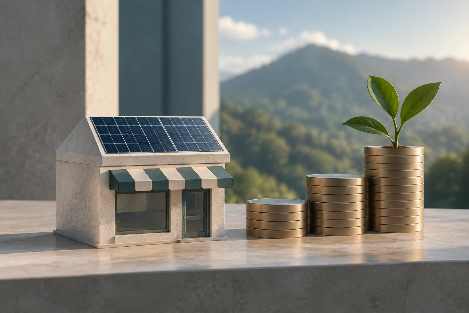 Ein kleines Geschäft mit einem Solarmodul auf dem Dach steht neben drei unterschiedlich hohen Münzstapeln; auf dem höchsten wächst ein Keimling.