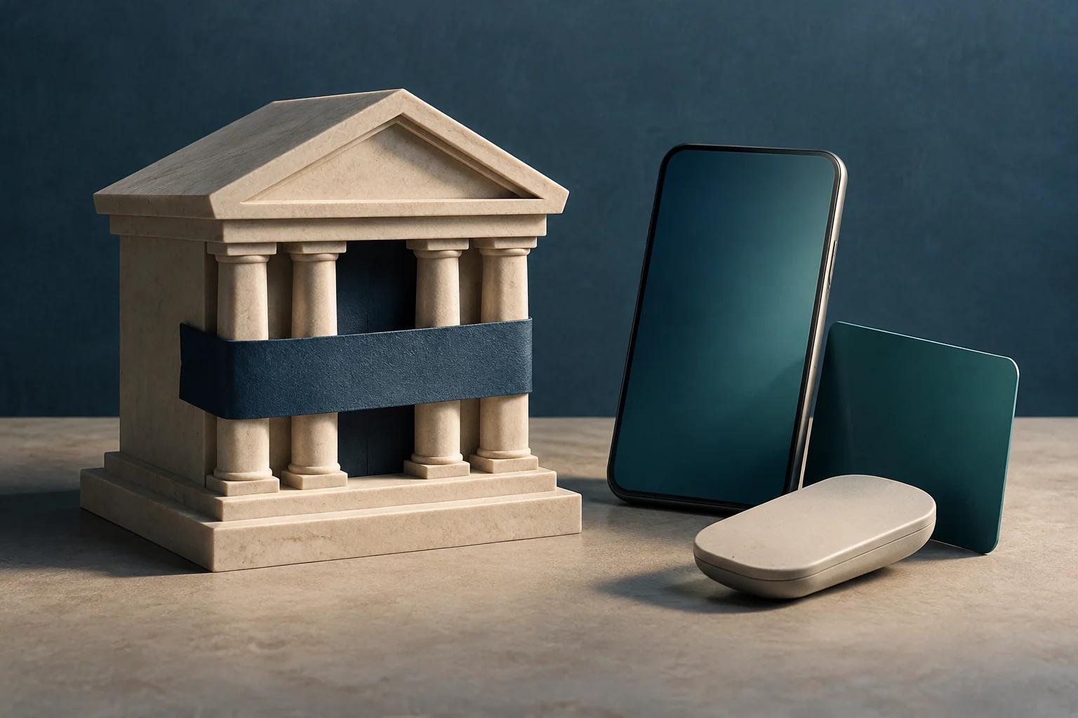 Steinernes Modell einer klassischen Bank mit einem dunklen Band um die Säulen, neben einem Smartphone und zwei Karten ohne Aufdruck.