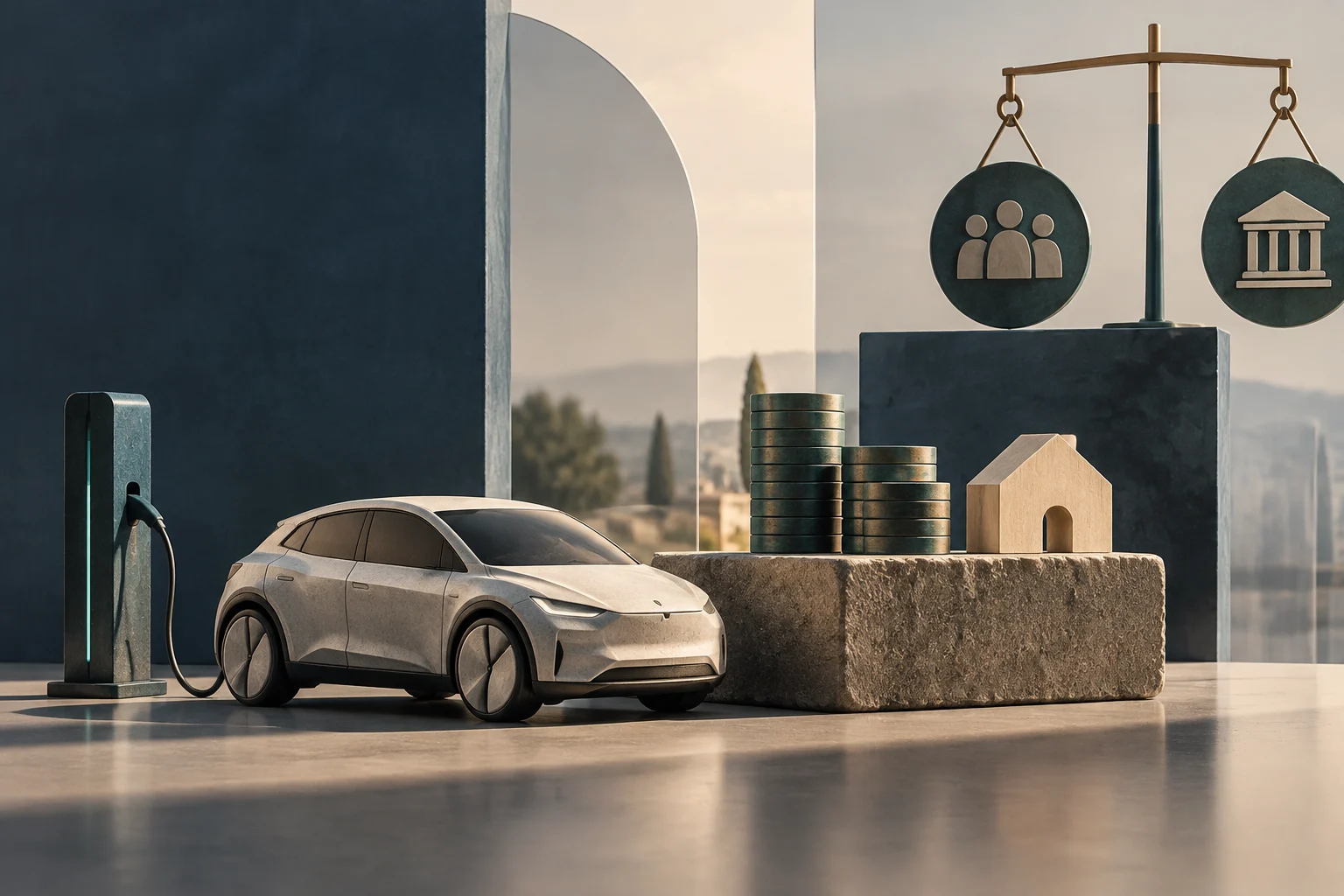 Illustration eines Autos neben einer Ladestation, mit Münzstapeln und einer Waage, an der Symbole für Menschen und eine Institution hängen.