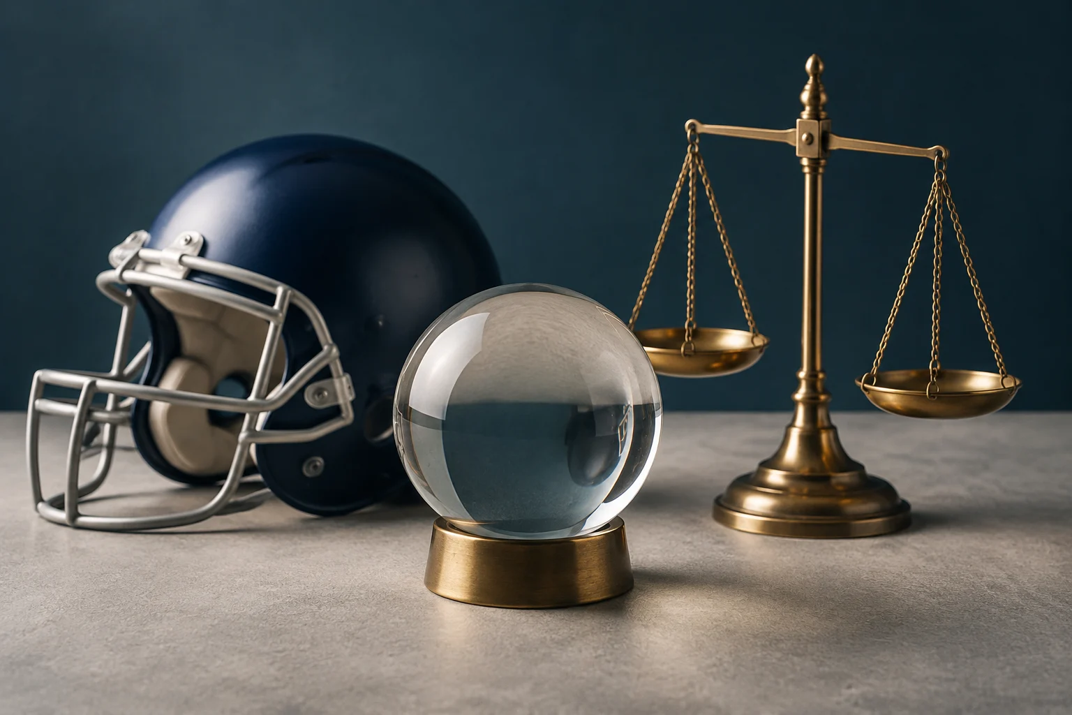Ein American-Football-Helm, eine Kristallkugel und eine Messingwaage stehen auf einem Tisch.