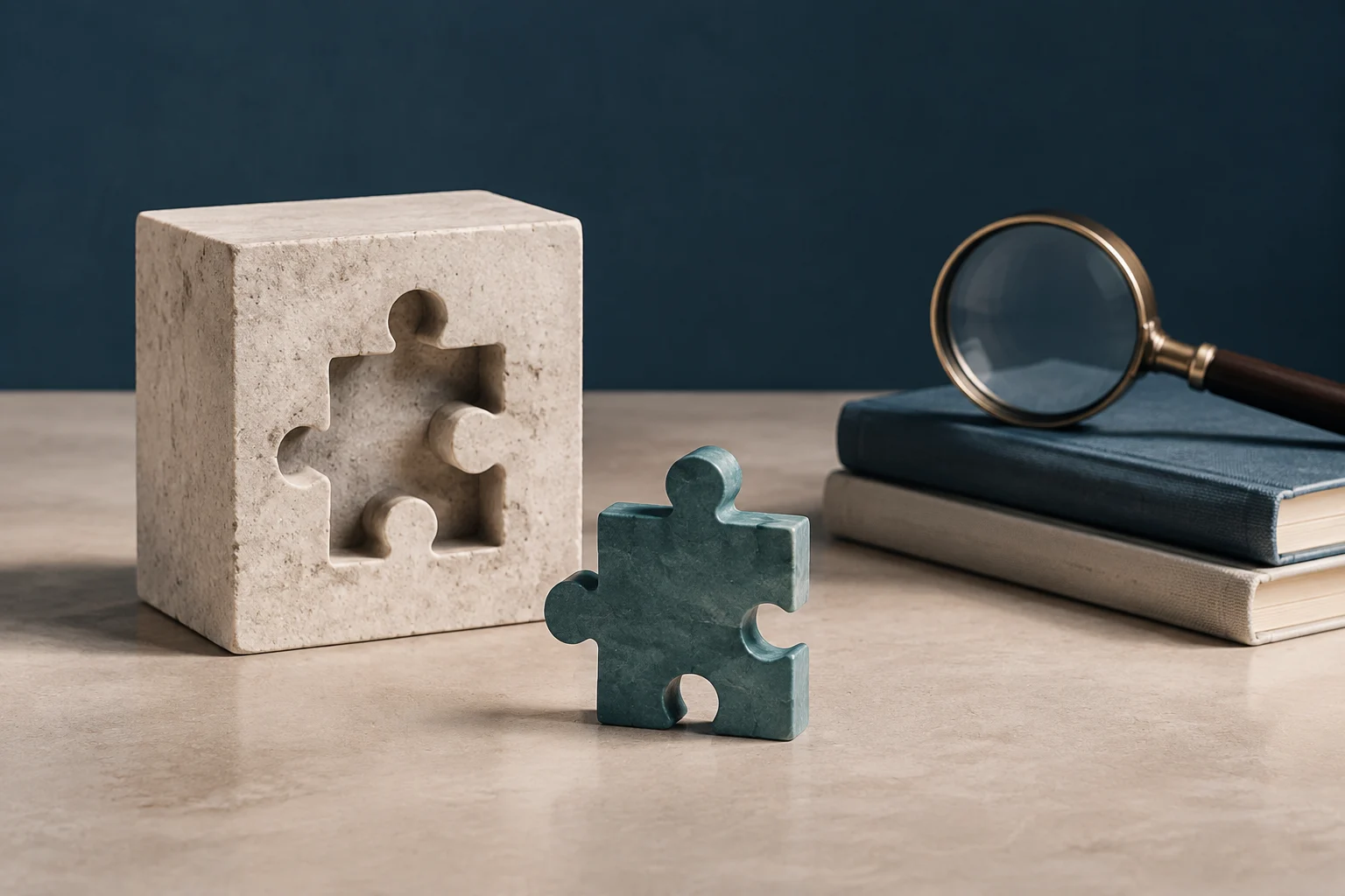 Ein grünes Puzzleteil liegt getrennt von einem hellen Block mit einer passenden Aussparung; dahinter liegt eine Lupe auf zwei Büchern.