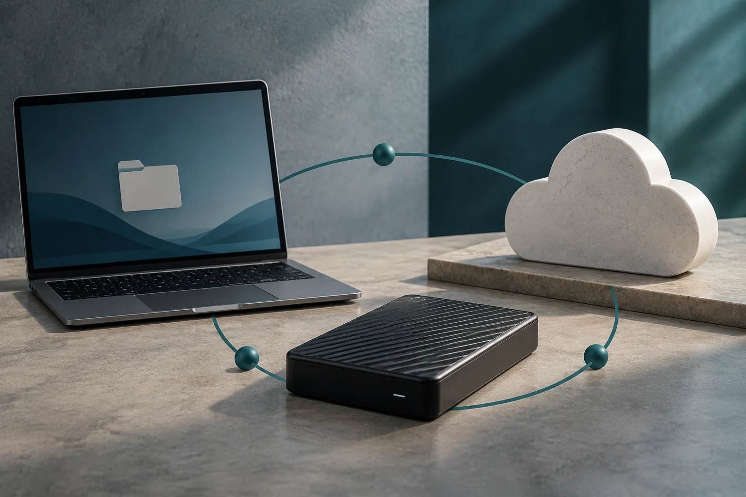 Ein Laptop, ein externes Speicherlaufwerk und eine weiße Wolke sind auf einem Tisch durch eine geschwungene Linie verbunden.