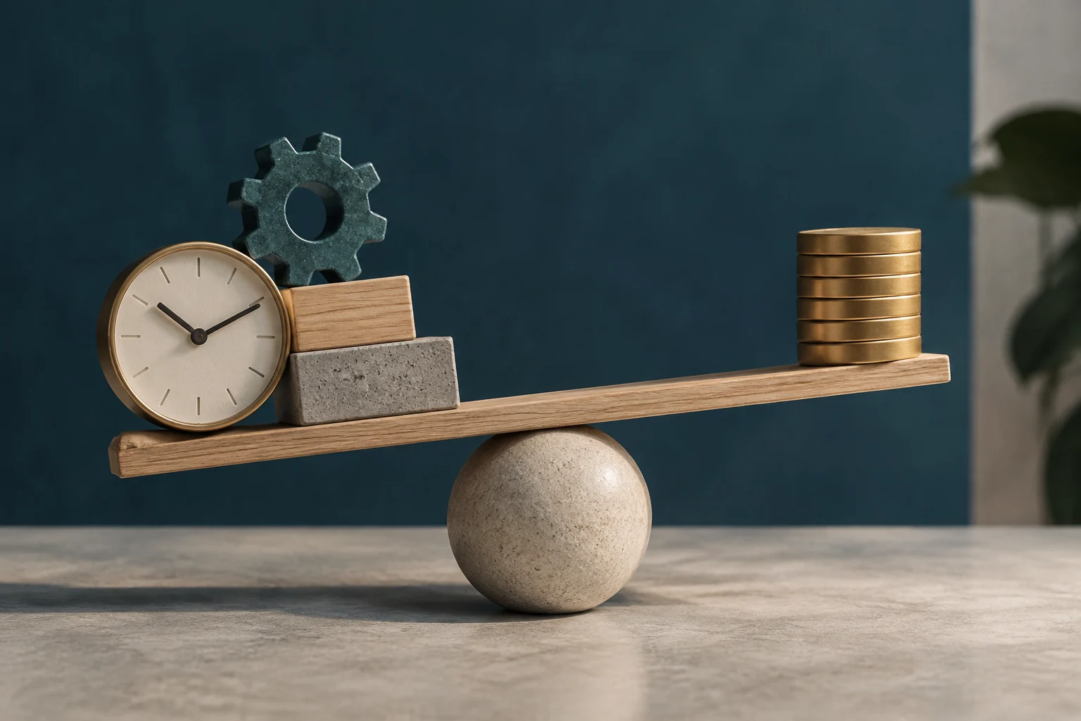 Ein auf einer Kugel balancierender Holzbalken trägt an einem Ende eine Uhr, ein Zahnrad und mehrere Blöcke und am anderen einen Münzstapel.