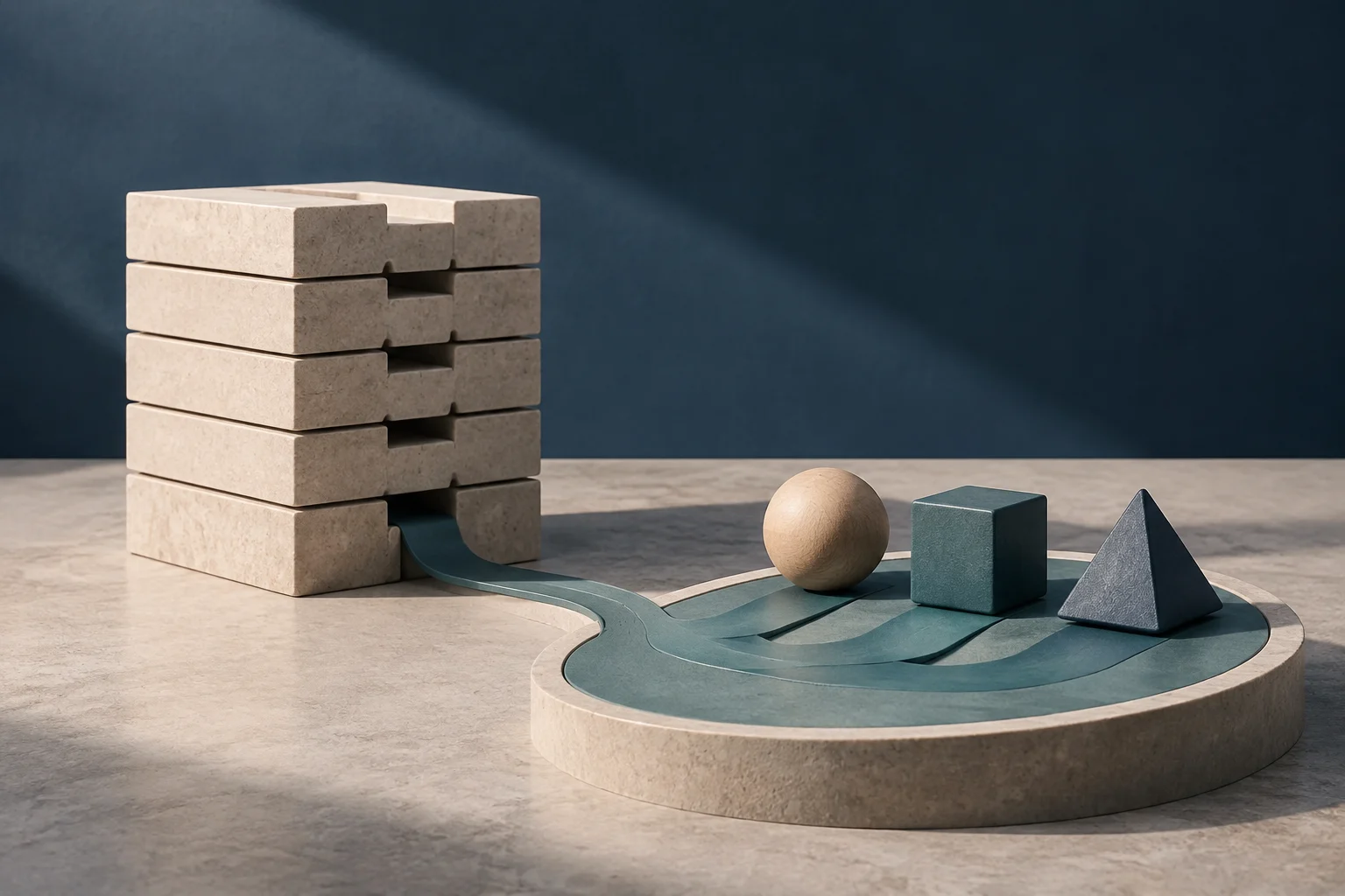 Ein Stapel rechteckiger Steinblöcke ist über geschwungene Kanäle mit einer runden Plattform verbunden, auf der eine Kugel, ein Würfel und eine Pyramide stehen.