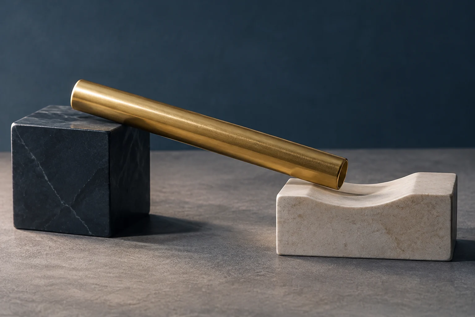 Ein goldener zylindrischer Stab liegt zwischen zwei Steinblöcken, einem dunklen und einem hellen, auf einer grauen Fläche.