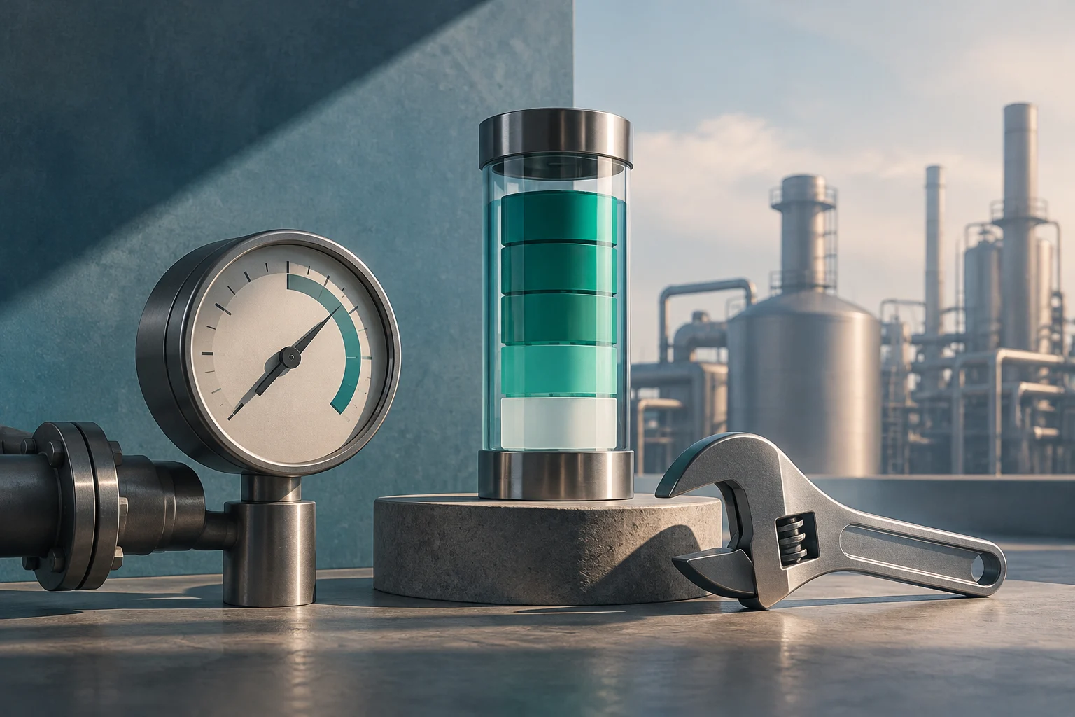 Im Vordergrund stehen eine runde Anzeige und ein senkrechter, segmentierter Messbehälter neben einem verstellbaren Schraubenschlüssel; im Hintergrund sind Rohre und Tanks einer Industrieanlage zu sehen.