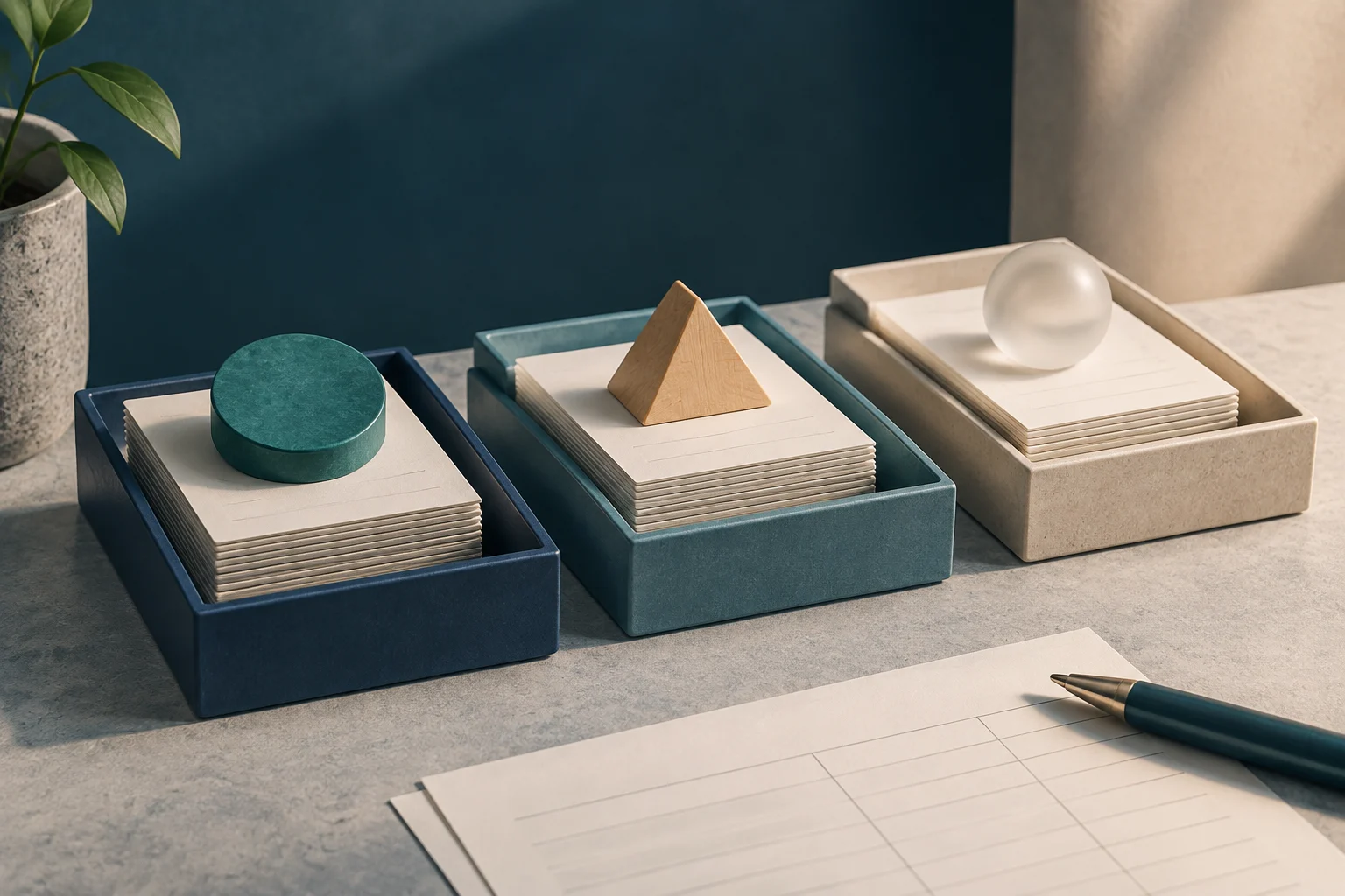 Drei Ablagen enthalten Stapel mit unbeschrifteten, linierten Blättern; jeder Stapel ist mit einer anderen Form markiert: einer Scheibe, einer Pyramide und einer Kugel. Im Vordergrund liegen Papier und ein Stift.