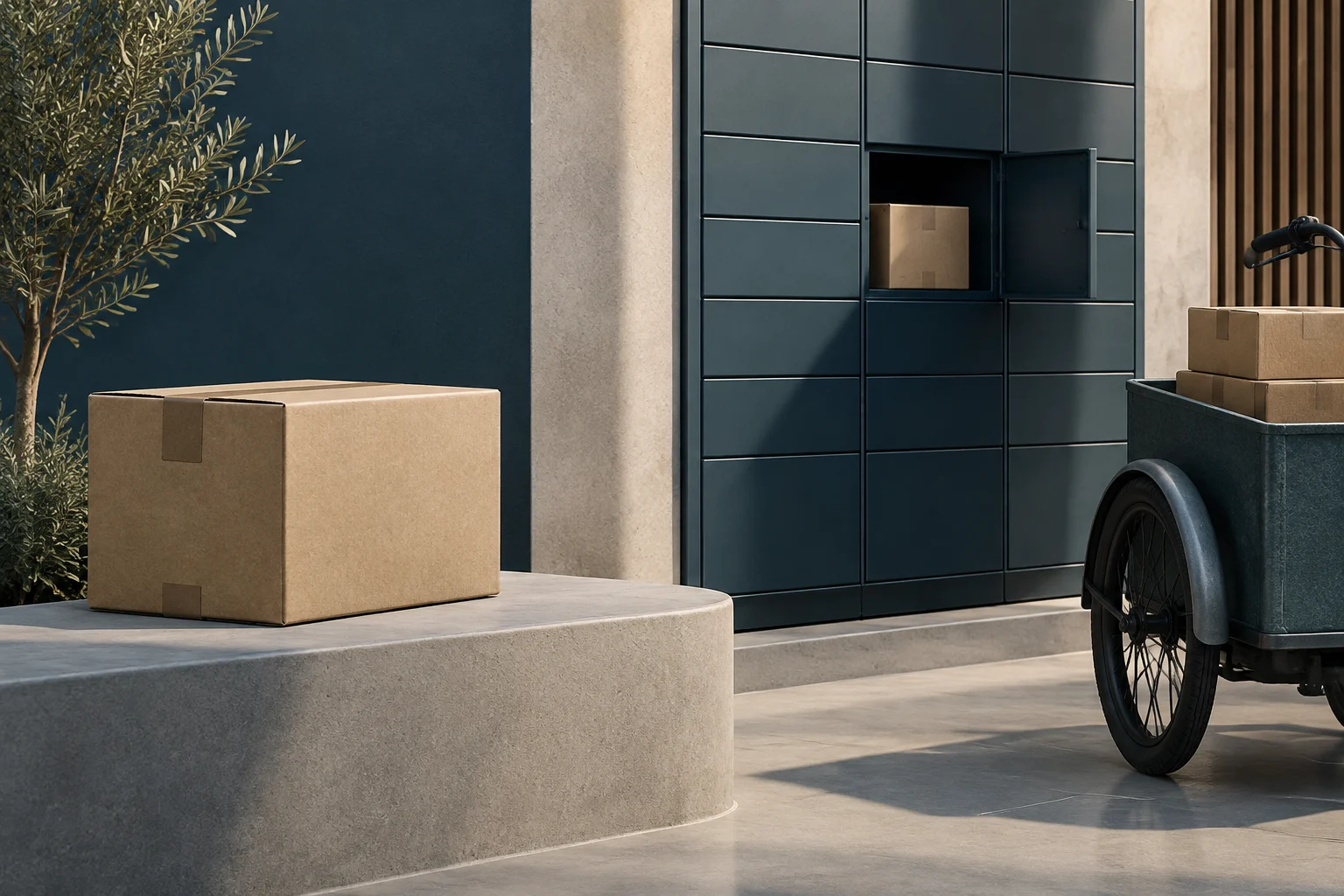Paketstationen, von denen ein Fach geöffnet ist und ein Karton darin steht; weitere Kartons liegen auf einer Bank und in der Transportbox eines Lastenrads.