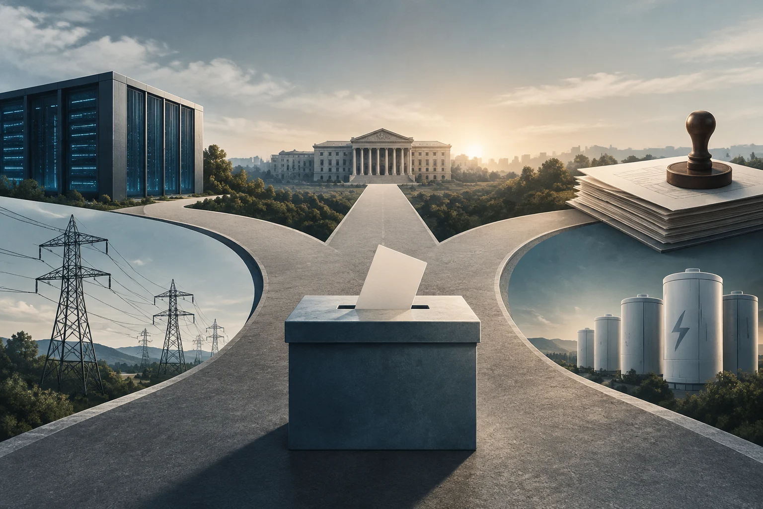 Konzeptionelle Illustration mit einer Wahlurne im Vordergrund, einem institutionellen Gebäude im Hintergrund und auf beiden Seiten einem Rechenzentrum, Strommasten, Energiespeichern sowie einem gestempelten Dokumentenstapel.
