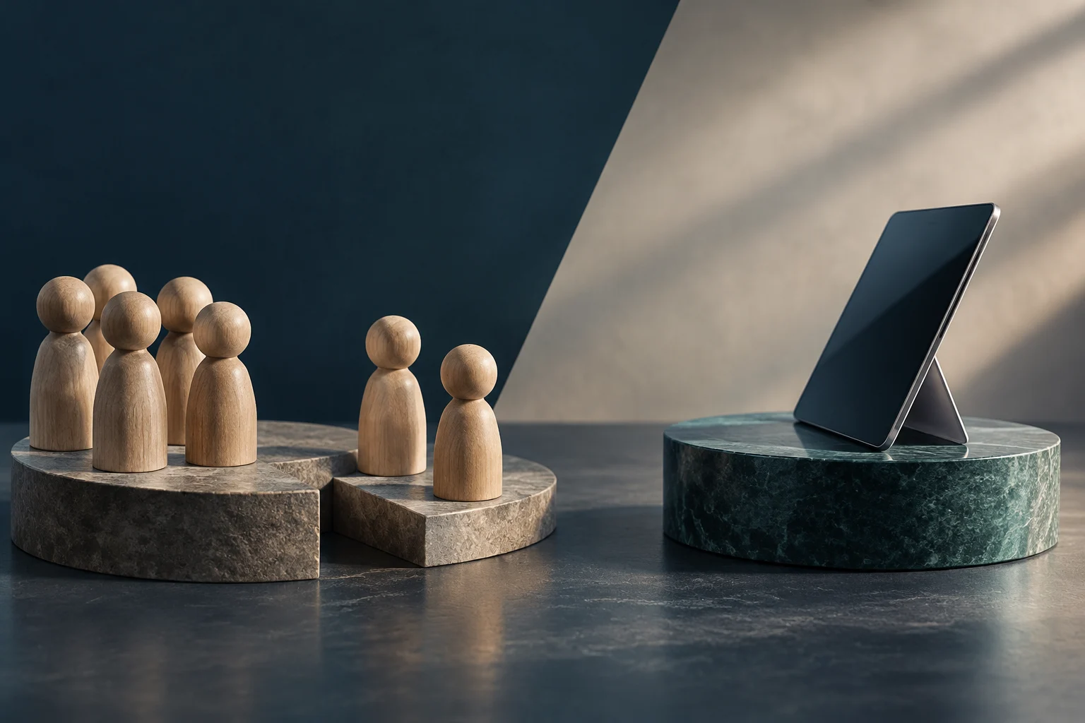 Figuren aus Holz, teils gruppiert und teils abseits, stehen einem Tablet auf einem Sockel gegenüber.