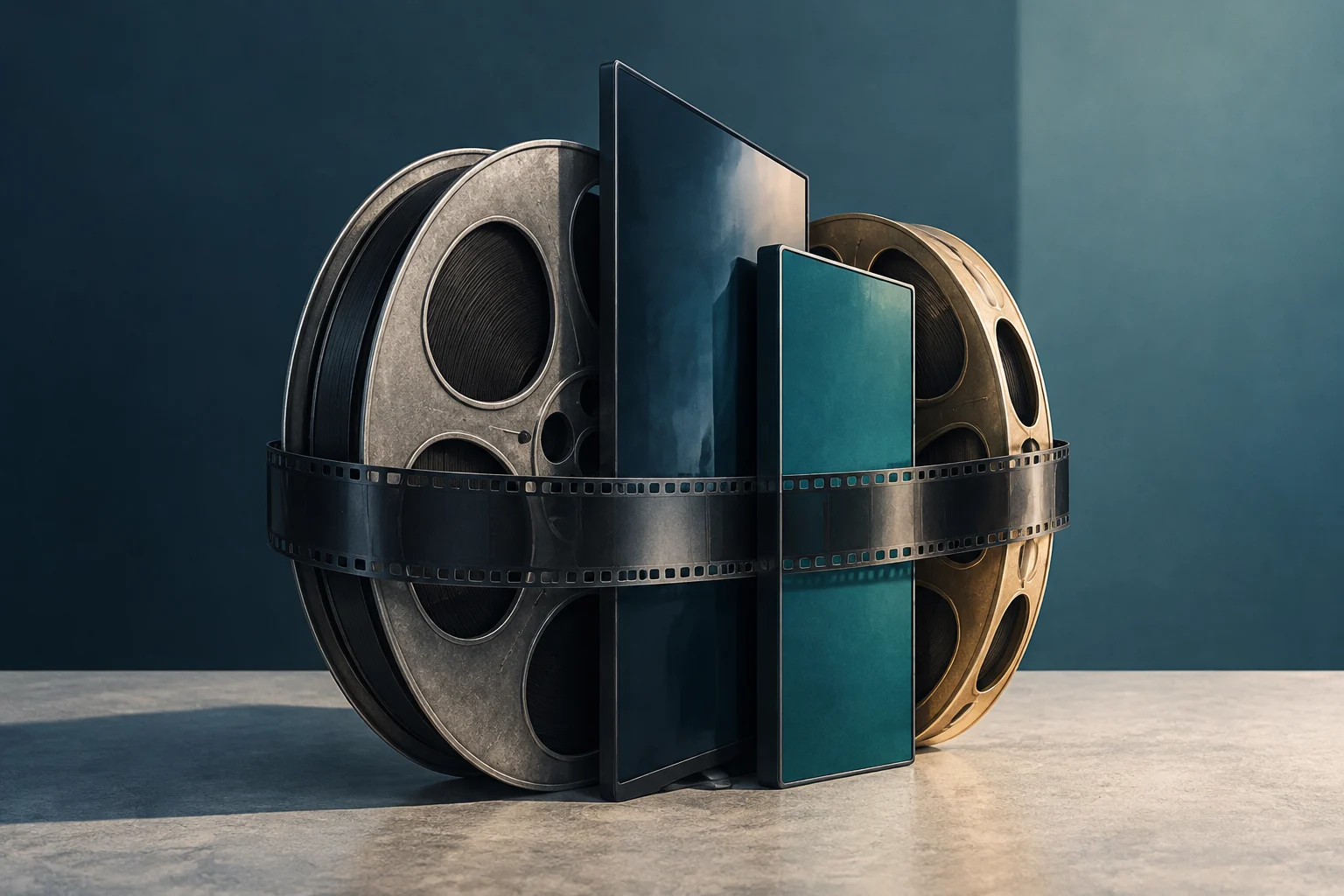 Zwei Filmspulen, eine silberne und eine goldene, stehen hinter zwei rechteckigen Bildschirmen und sind von einem Filmstreifen umgeben; dahinter ist ein dunkelblauer Hintergrund.