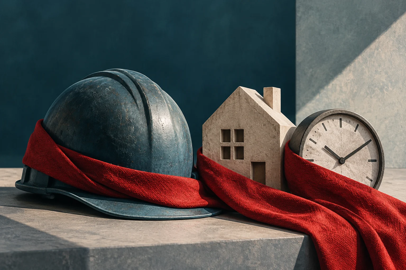 Ein Bauhelm, ein kleines Haus und eine Uhr stehen auf einer Steinfläche und sind durch ein rotes Tuch miteinander verbunden.