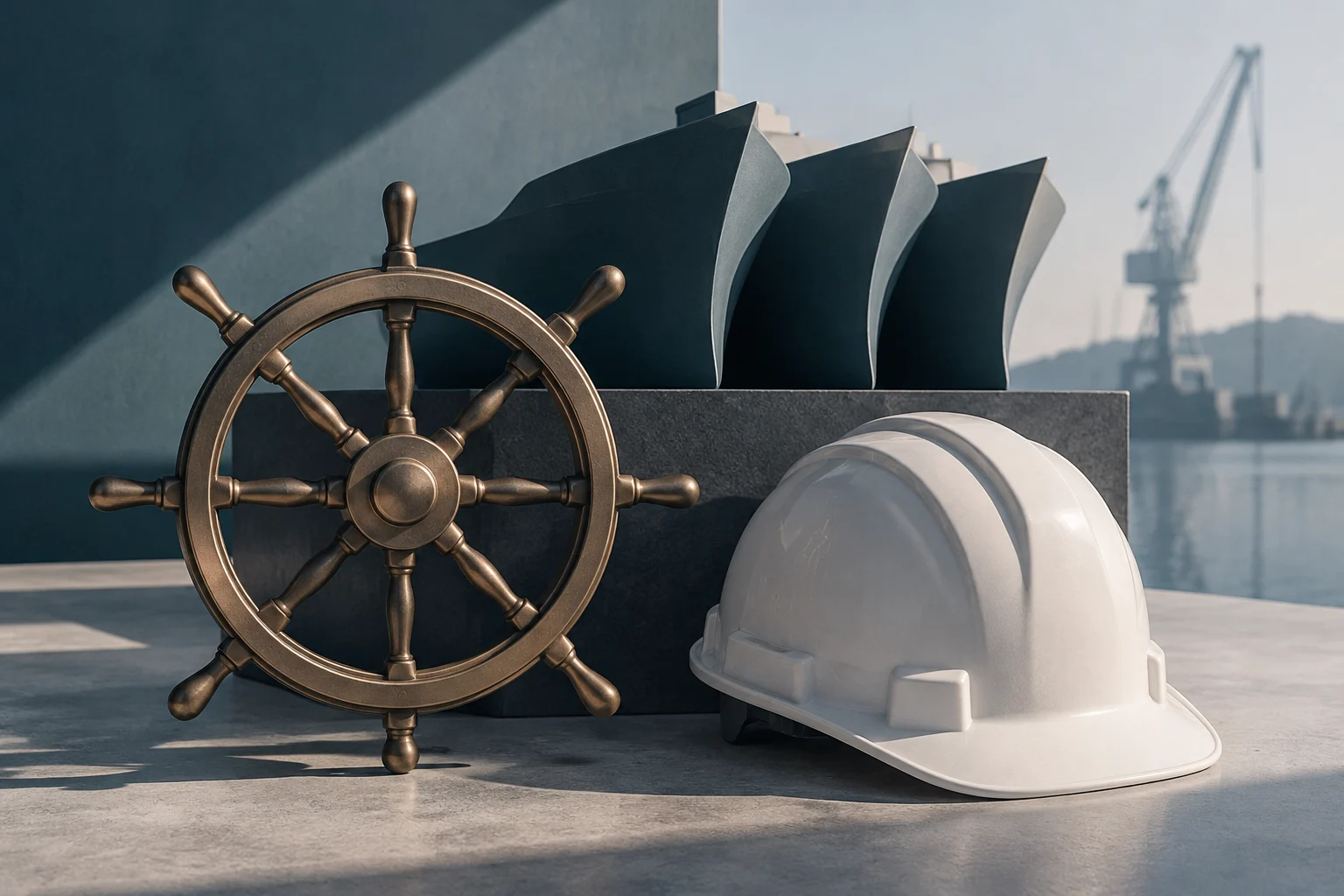 Ein Schiffssteuerrad und ein weißer Schutzhelm stehen im Vordergrund, vor großen Strukturen einer Werft und einem Kran.