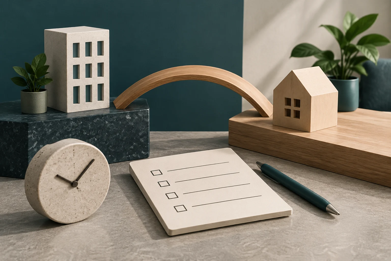 Ein Modell eines Bürogebäudes und ein kleines Holzhaus sind durch eine gebogene Brücke verbunden. Im Vordergrund liegen eine leere Checkliste mit Kästchen, eine runde Uhr und ein Stift.