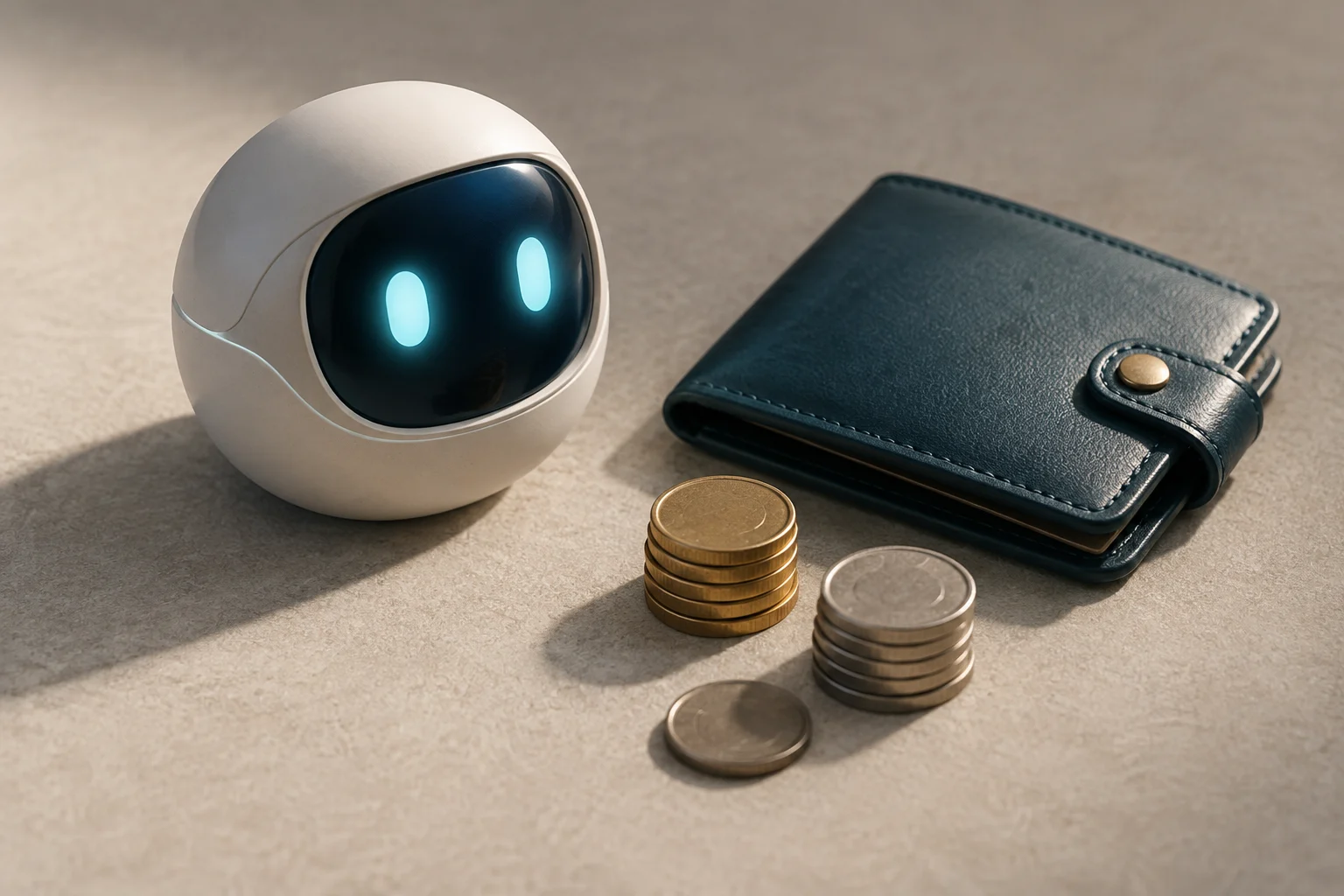 Ein kleiner weißer Roboter mit leuchtenden Augen steht neben einer dunklen Geldbörse und mehreren gestapelten Münzen auf einer hellen Fläche.