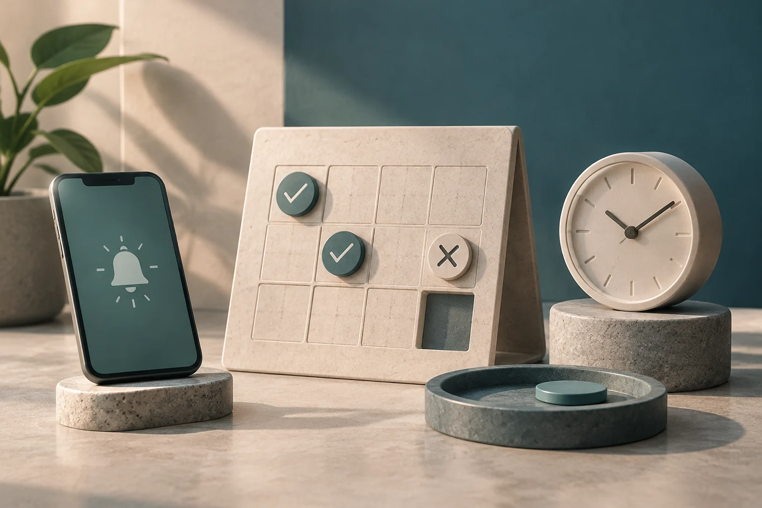 Illustration eines Telefons mit Glockensymbol neben einem Kalender mit Bestätigungs- und Absagezeichen, einem freien Feld und einer Uhr.