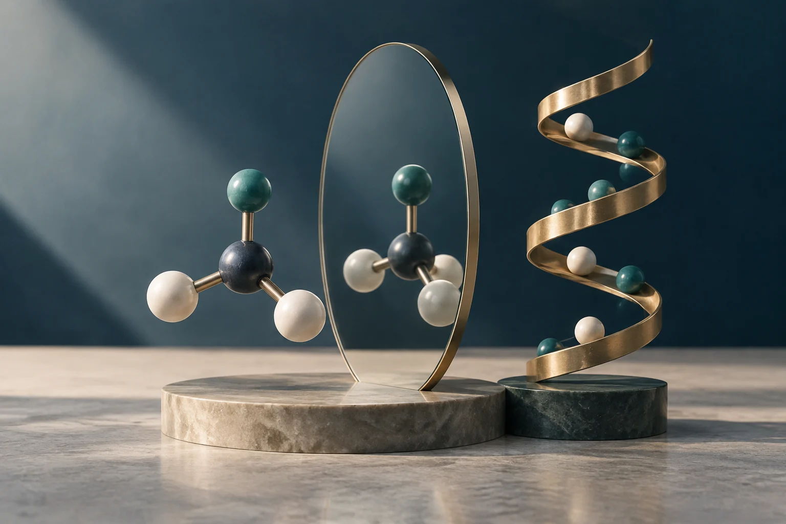 Eine konzeptionelle Skulptur zeigt zwei Molekülmodelle aus Kugeln und Stäben, getrennt durch einen goldenen Ring, neben einem spiralförmigen goldenen Band auf Sockeln.