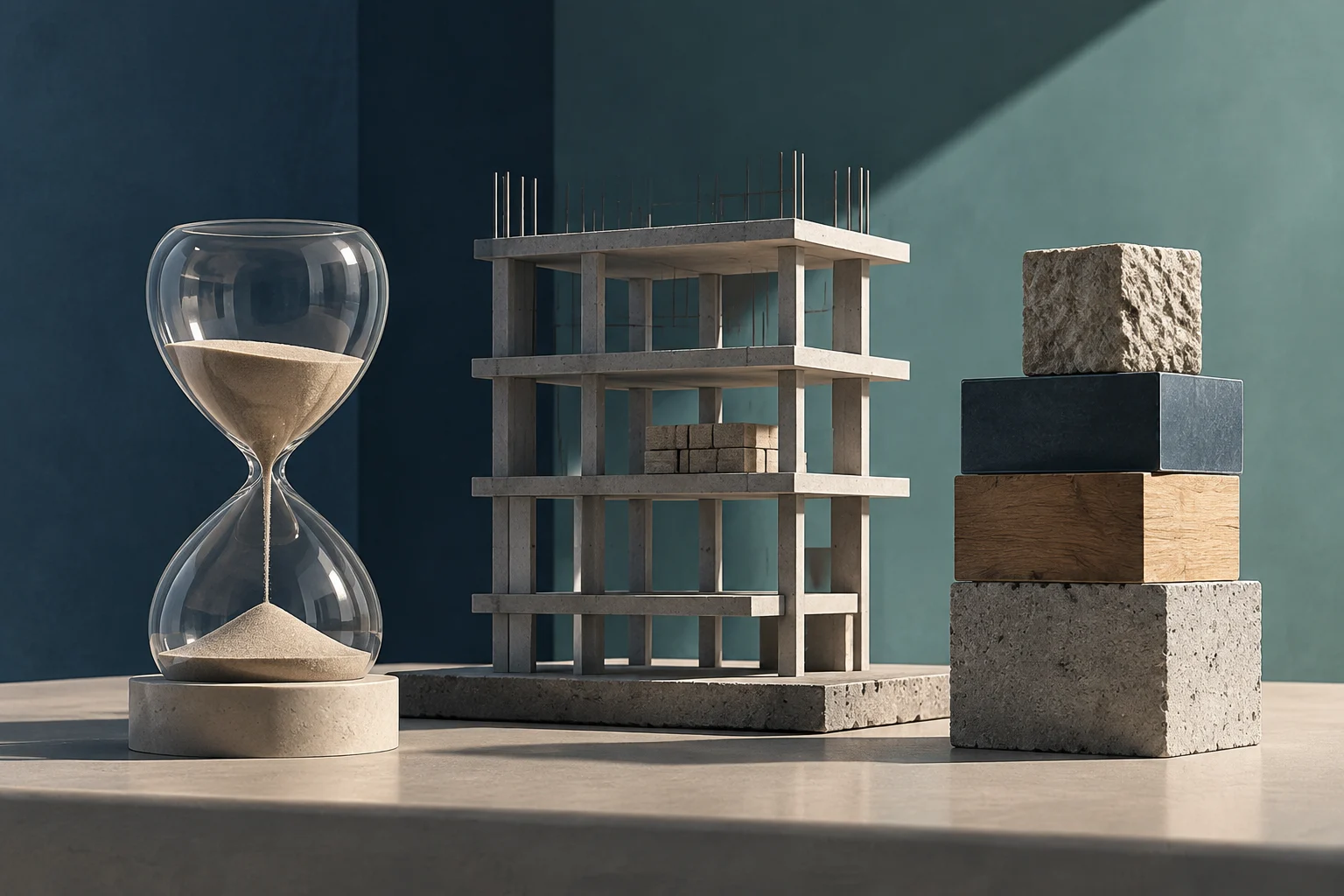 Neben einem unvollendeten Betonrahmen stehen eine Sanduhr und gestapelte Blöcke aus Stein, Metall und Holz.