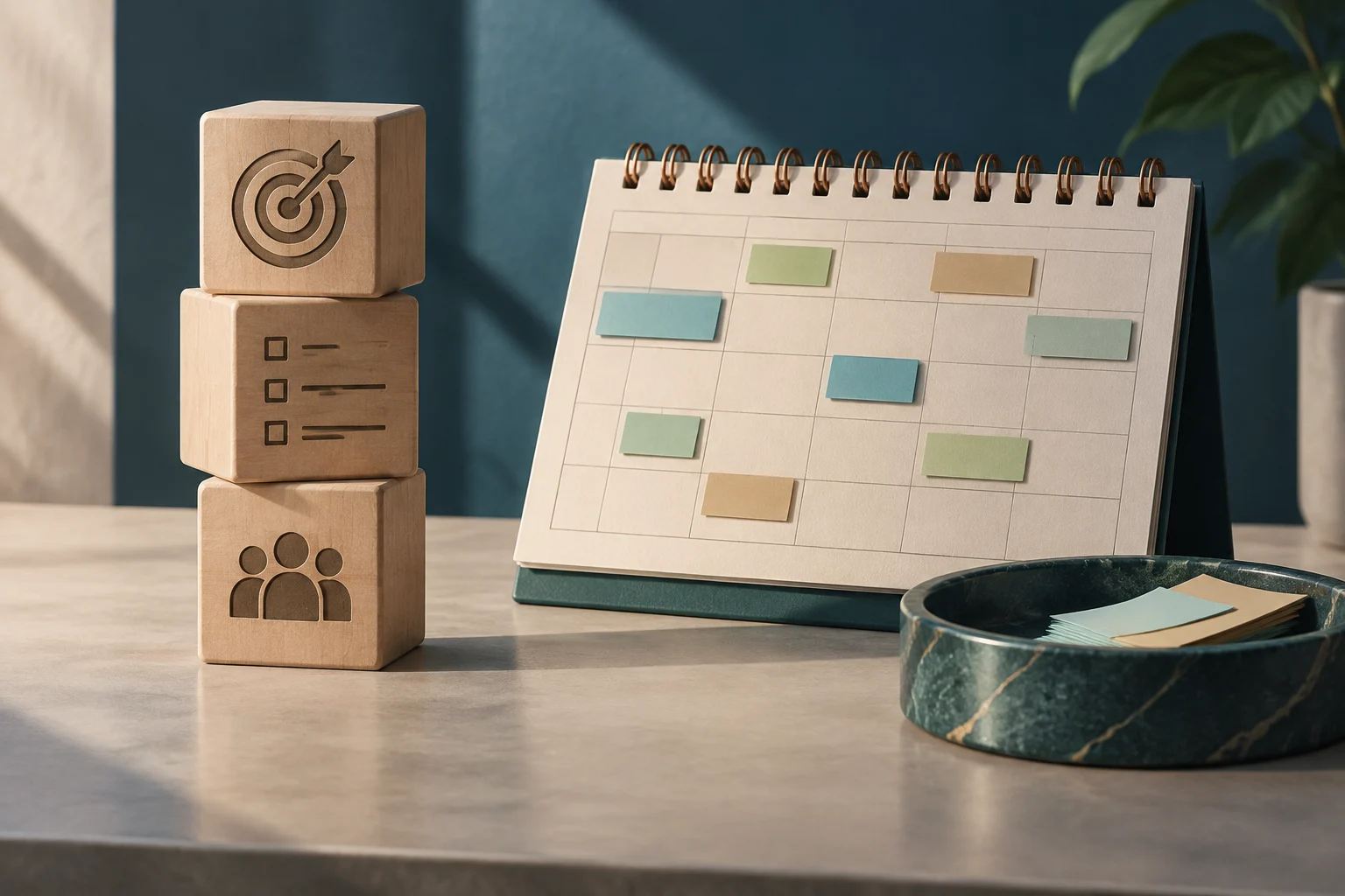 Ein Tischkalender mit bunten Haftnotizen steht neben drei Holzklötzen mit Symbolen für ein Ziel, eine Aufgabenliste und ein Team.