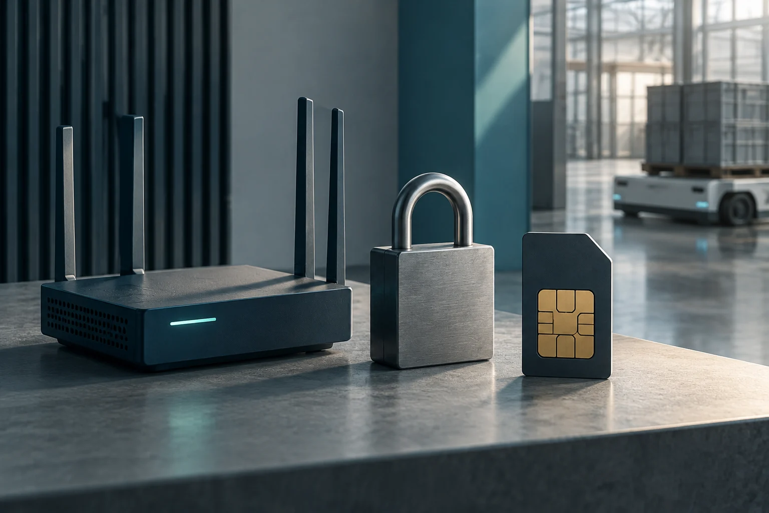 Ein WLAN-Router, ein Metallschloss und eine SIM-Karte liegen auf einem Tisch in einer Industriehalle; im Hintergrund ist ein autonomes Transportfahrzeug zu sehen.