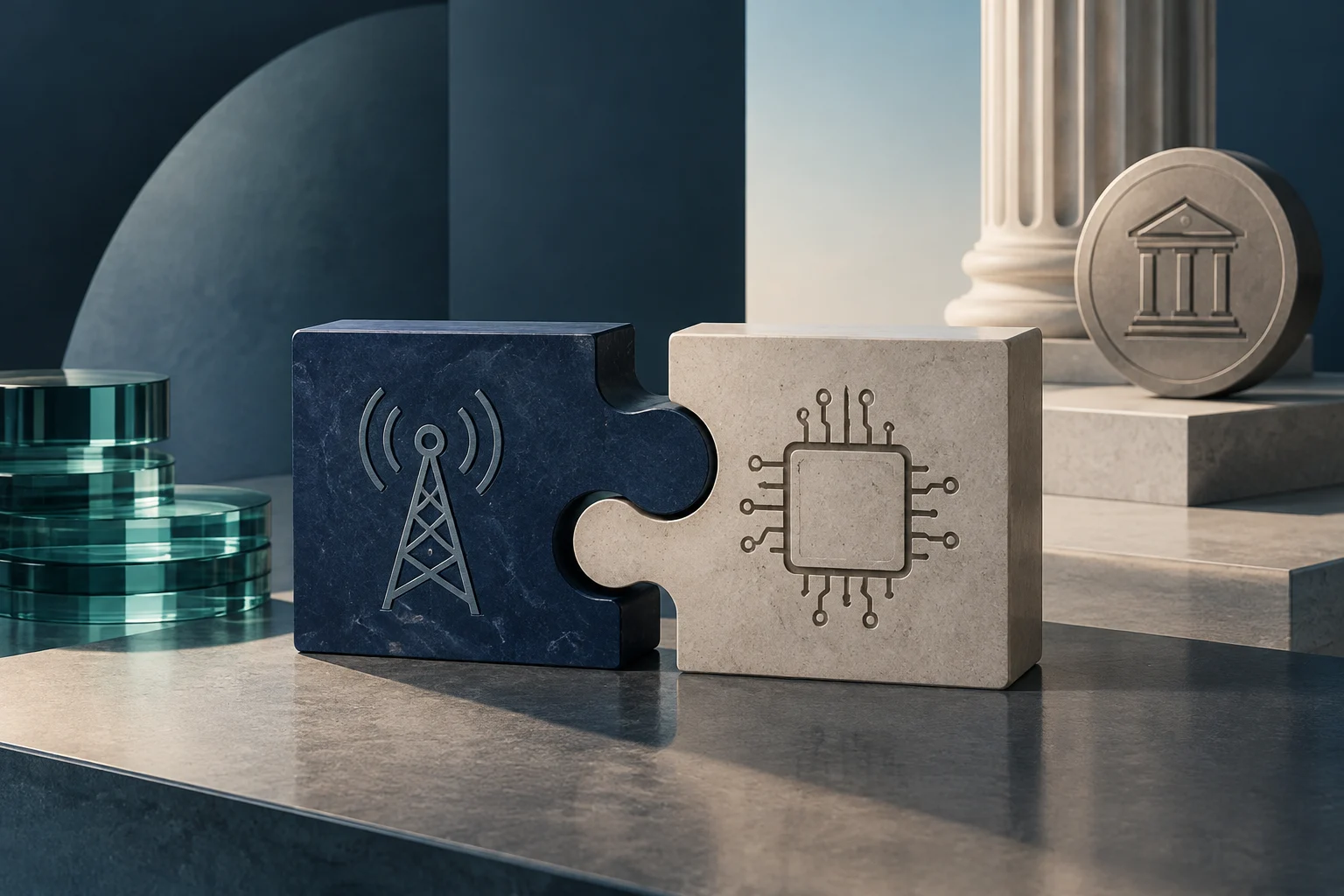 Zwei ineinandergreifende Steinblöcke tragen die Symbole einer Telekommunikationsantenne und eines Mikrochips. Daneben liegen gestapelte Glasscheiben; im Hintergrund steht eine Münze mit dem Relief eines institutionellen Gebäudes.