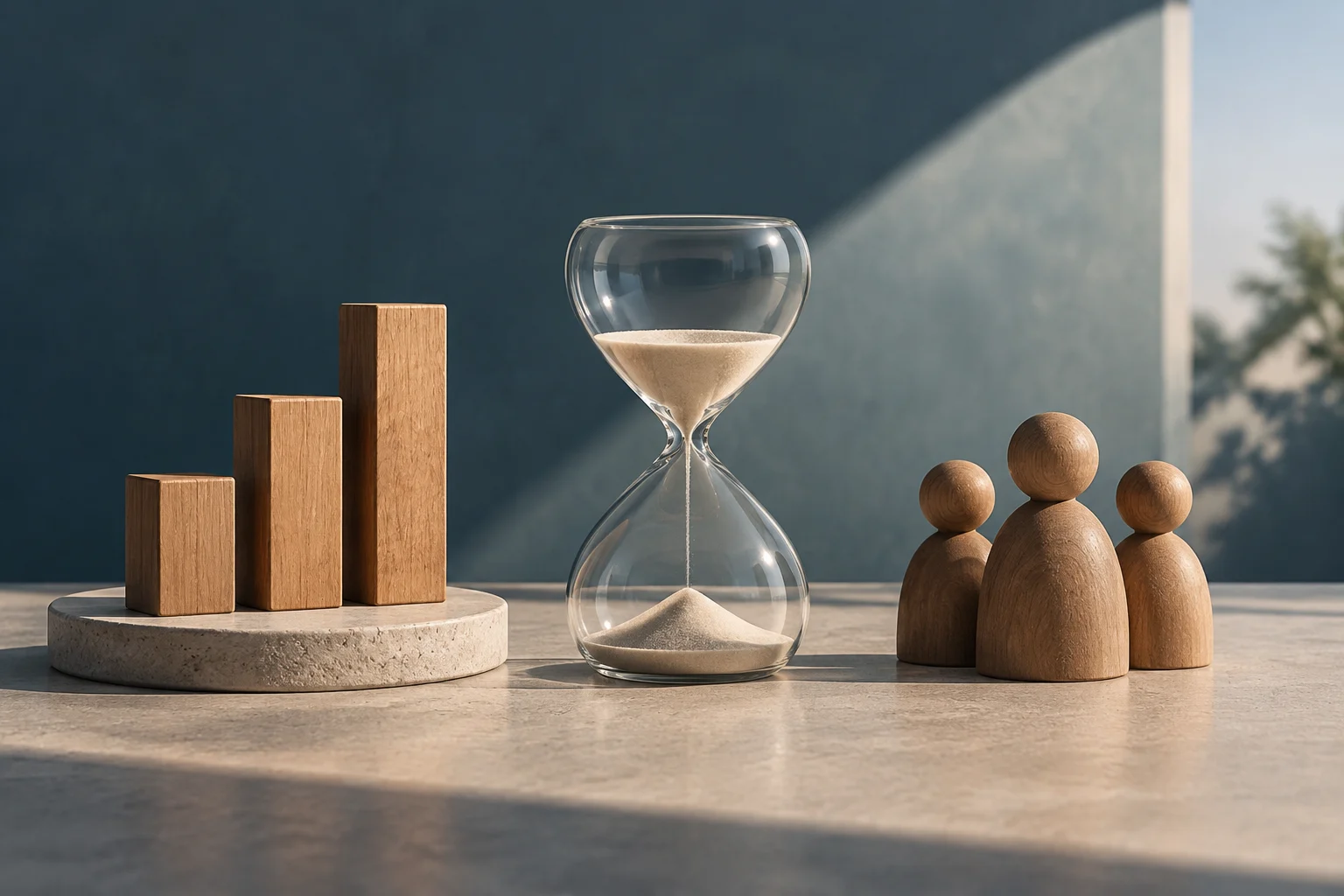 Drei Holzblöcke unterschiedlicher Höhe, eine Sanduhr und drei Holzfiguren auf einer sonnenbeschienenen Oberfläche.
