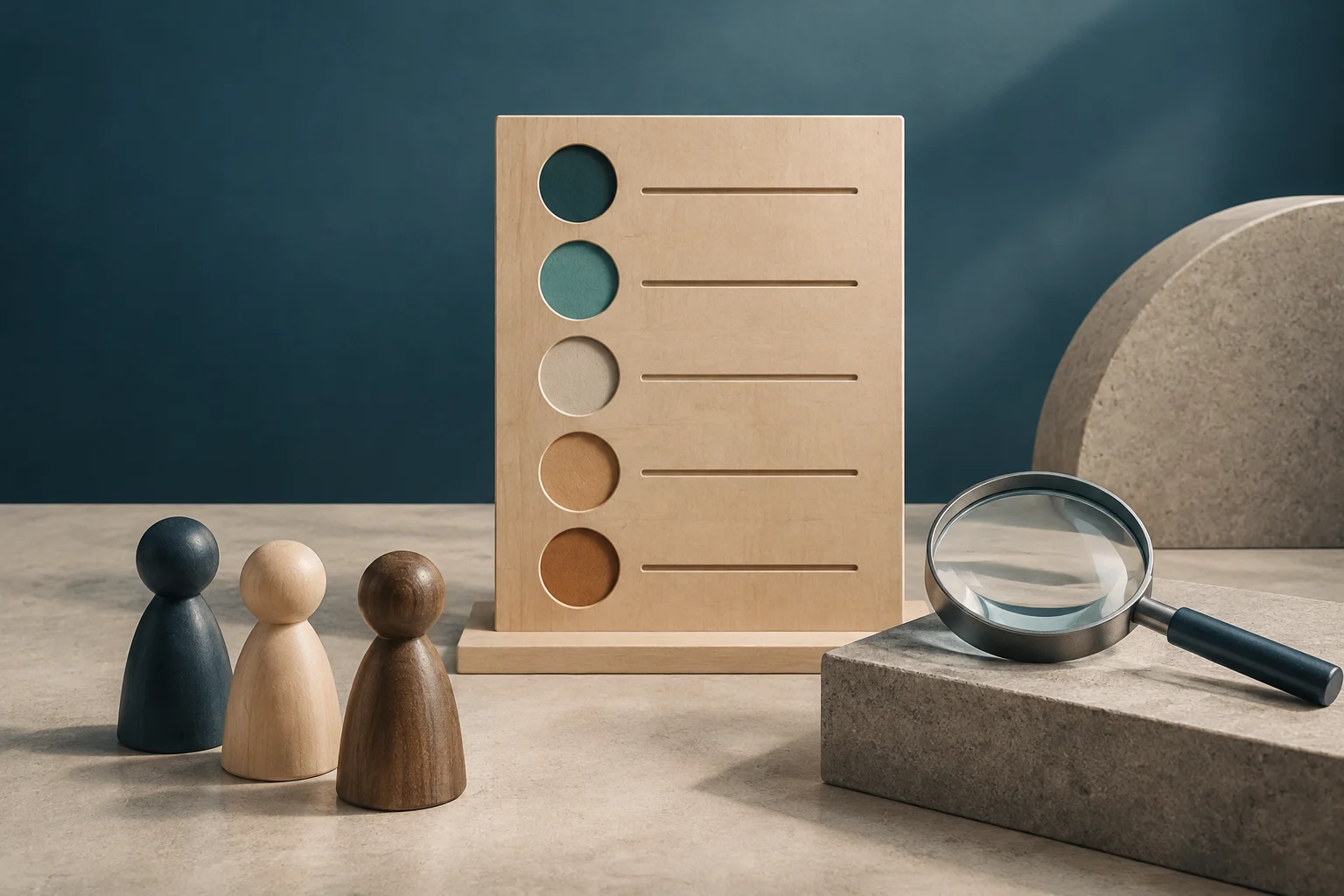 Neben drei Holzfiguren und einer Lupe auf einem Steinblock steht eine Holztafel mit fünf leeren Zeilen.