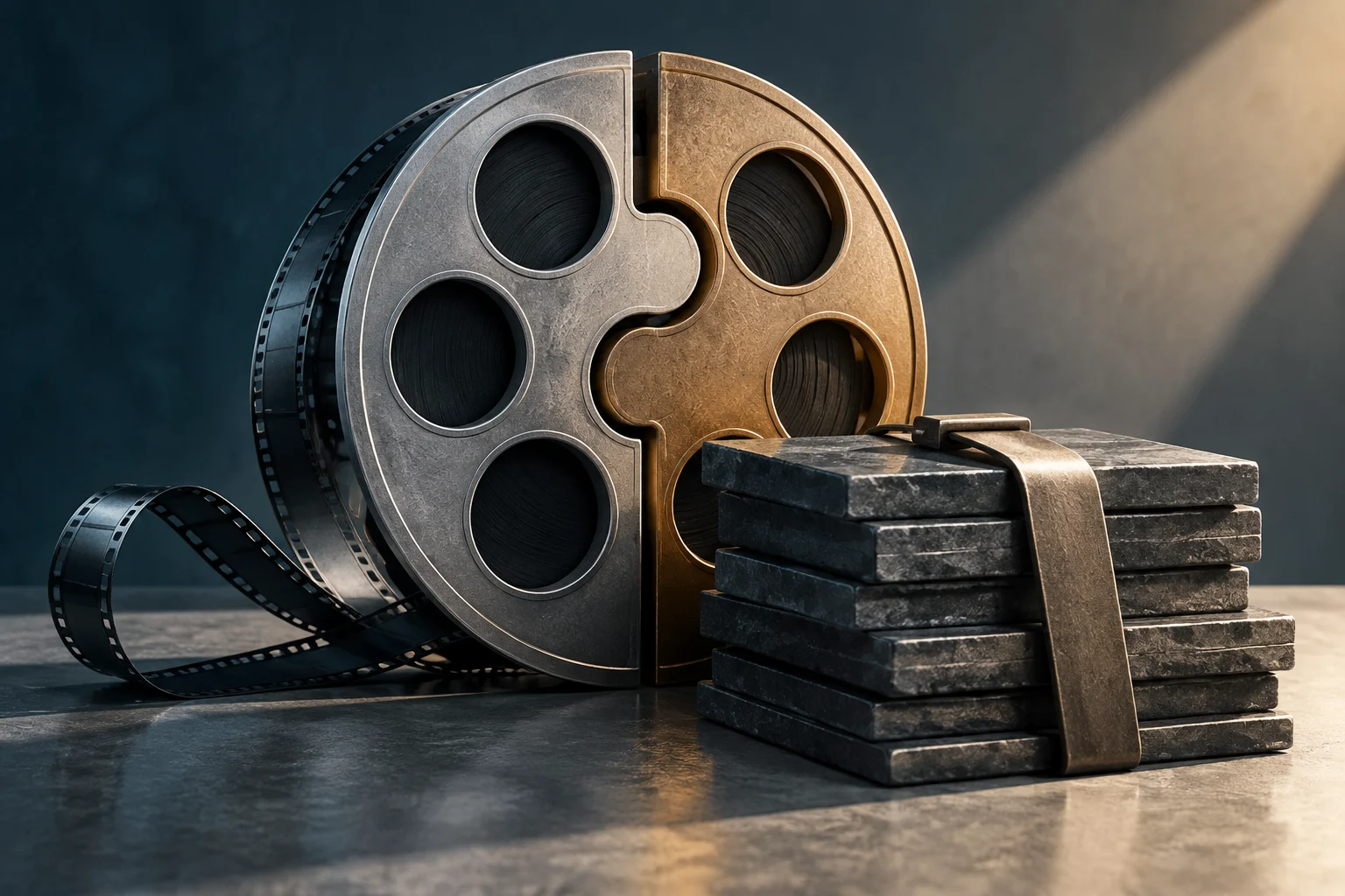 Eine metallene Filmspule aus zwei unterschiedlich gefärbten, ineinandergreifenden Hälften neben mehreren gestapelten und mit einem Gurt zusammengehaltenen Filmrollen.
