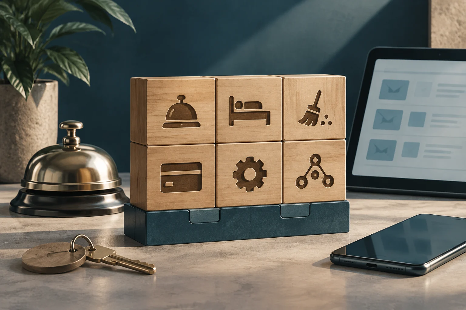 Holzblöcke mit Symbolen für Empfang, Bett, Reinigung, Zahlung, Einstellungen und Verbindung, neben einer Empfangsglocke, einem Laptop mit schematischer Oberfläche und einem Smartphone.