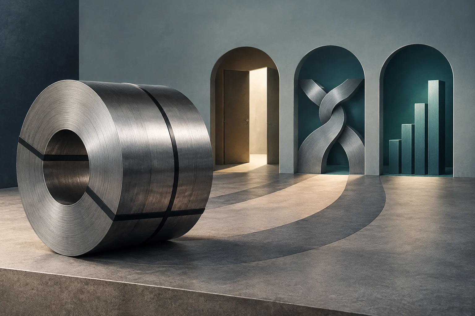 Eine große Stahlrolle füllt den Vordergrund; dahinter befinden sich drei Bögen mit einer offenen Tür, zwei verschlungenen Metallformen und Balken unterschiedlicher Höhe.