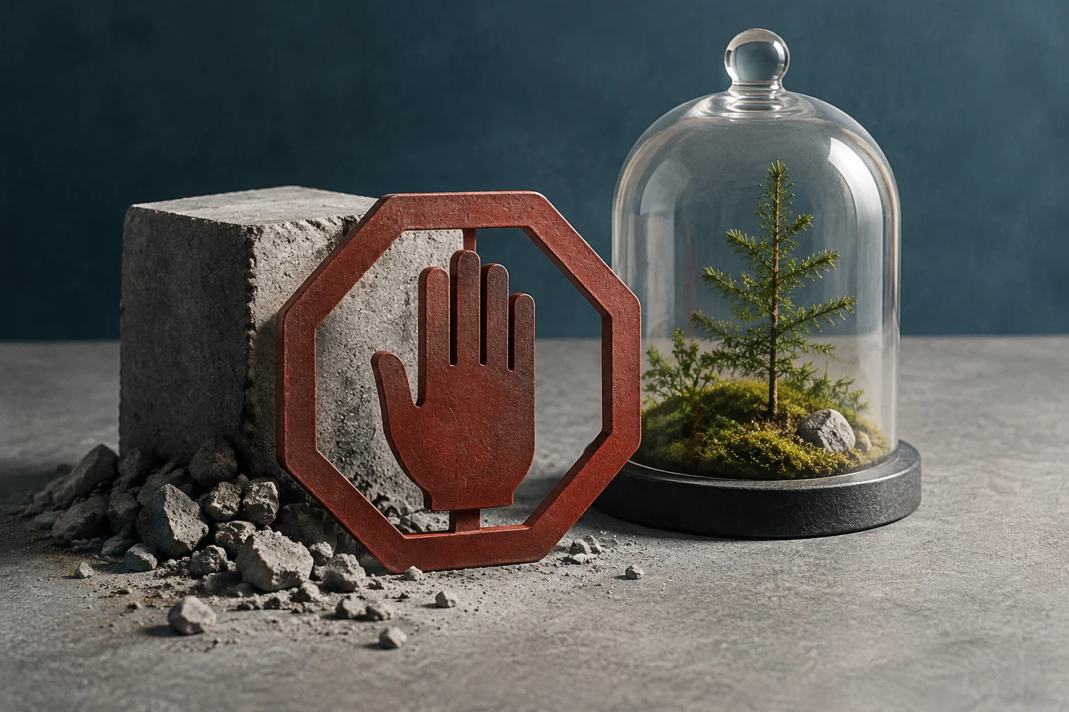 Ein rotes Stoppschild in Form einer erhobenen Hand steht vor einem Betonblock und Trümmern; daneben befinden sich ein kleiner Nadelbaum und Steine unter einer Glasglocke.