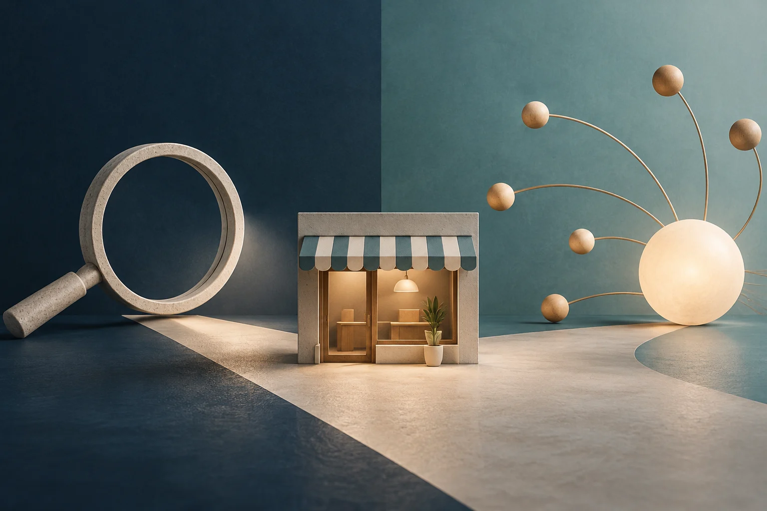 Konzeptionelle 3D-Illustration mit einem Steingeschäft in der Mitte, einer großen Steinschlupe links und einer verbundenen Knotenstruktur rechts vor einem blauen Hintergrund.