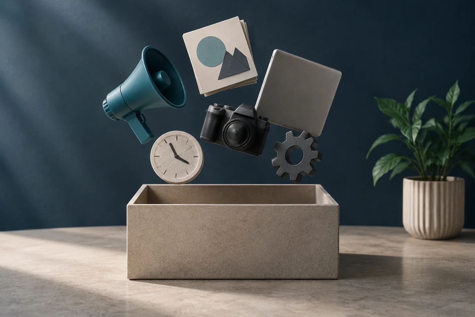 Ein Megafon, eine Kamera, ein Laptop, eine Uhr, ein Zahnrad und Teile mit geometrischen Formen schweben über einer leeren rechteckigen Kiste.