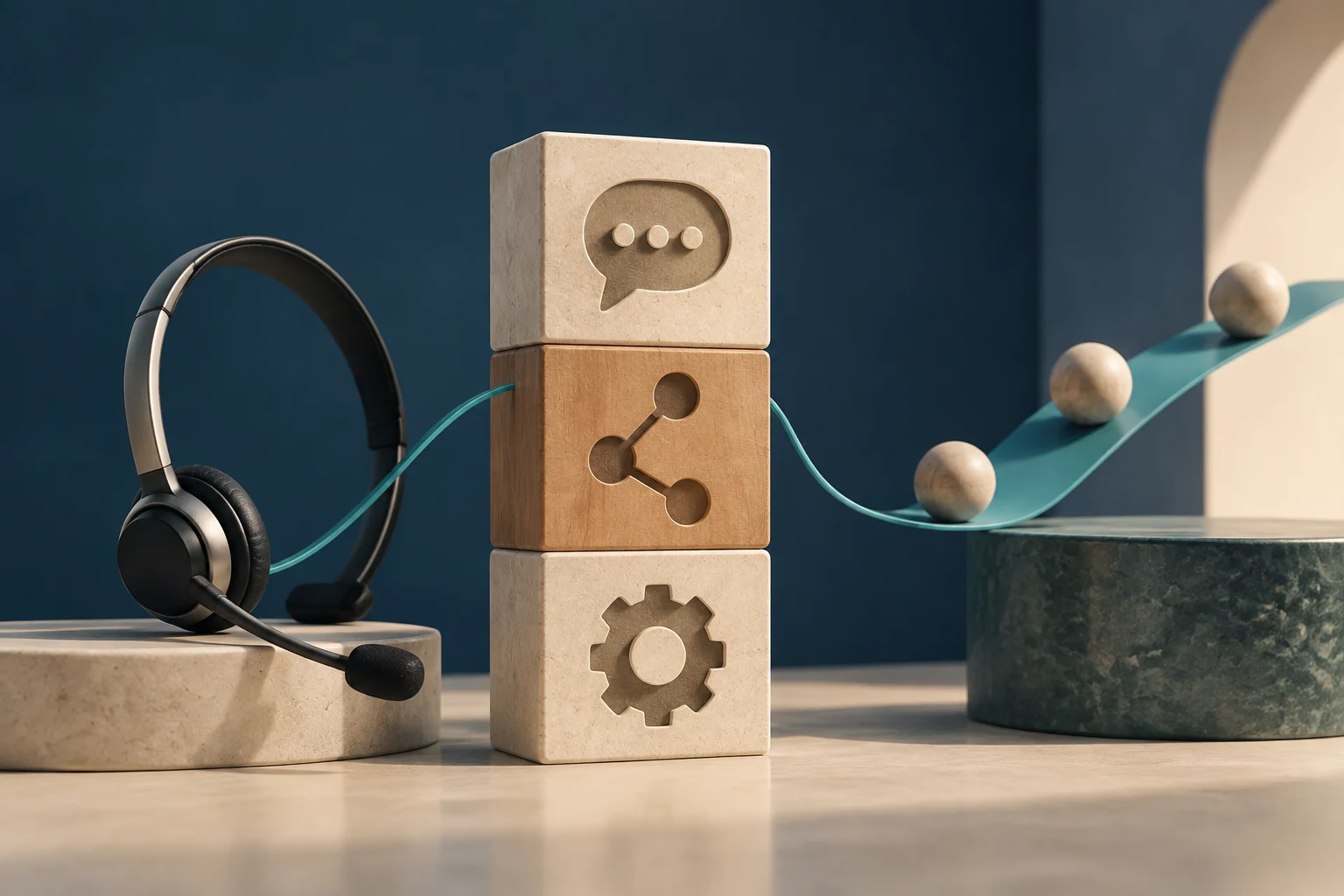 Ein Headset mit Mikrofon steht neben drei gestapelten Blöcken mit Symbolen für Gespräch, Verbindung und Zahnrad; ein gewelltes Band mit Kugeln verläuft zwischen den Objekten.