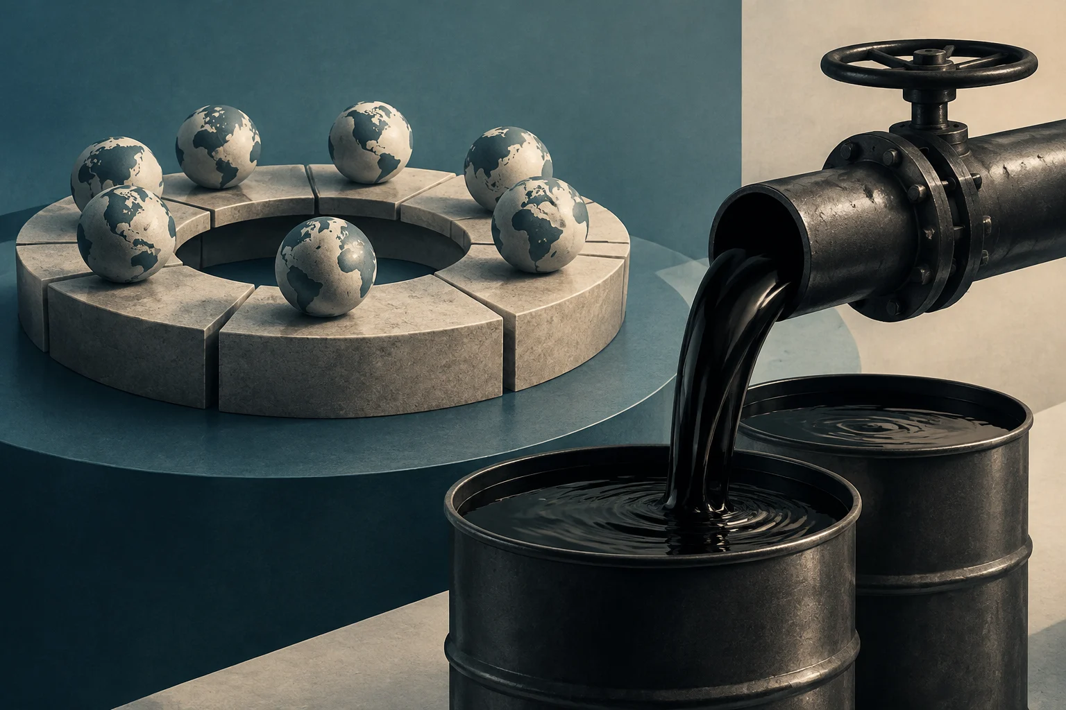 Konzeptionelle 3D-Illustration, die einen Kreis aus Steinblöcken mit Globus-Sphären darauf zeigt, neben einem Industriepfeifen mit einem Ventil, das schwarzes Öl in zwei Metallfässer gießt.