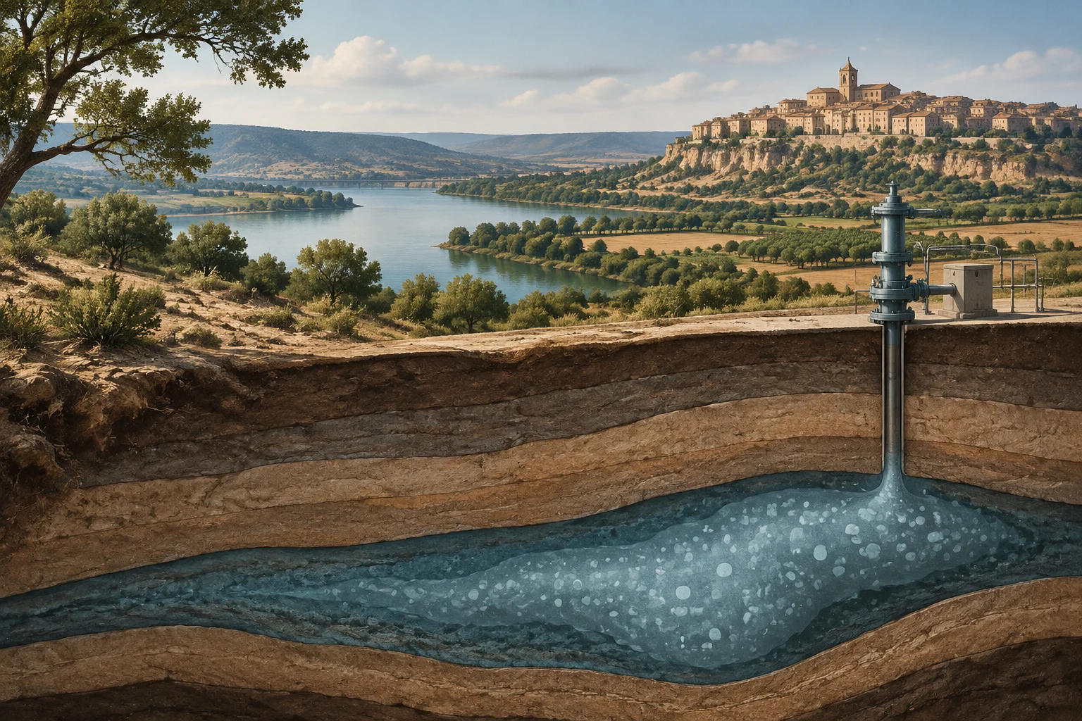 Querschnittsillustration eines Bohrlochs, das bis zu einer unterirdischen Gesteinsschicht reicht, in der CO₂-Blasen unter einer ländlichen Landschaft mit Fluss und einem Dorf auf einem Hügel zu sehen sind.