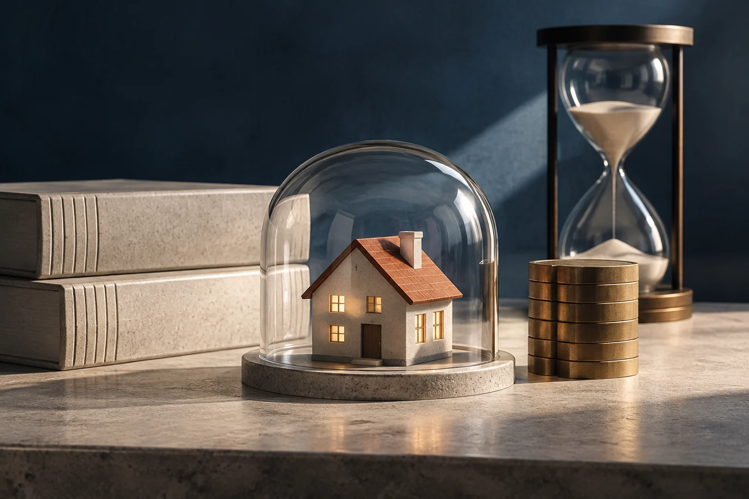 Konzeptionelle Illustration mit einem Hausmodell unter einer Glasglocke, begleitet von Büchern, einer Sanduhr und Goldmünzen.