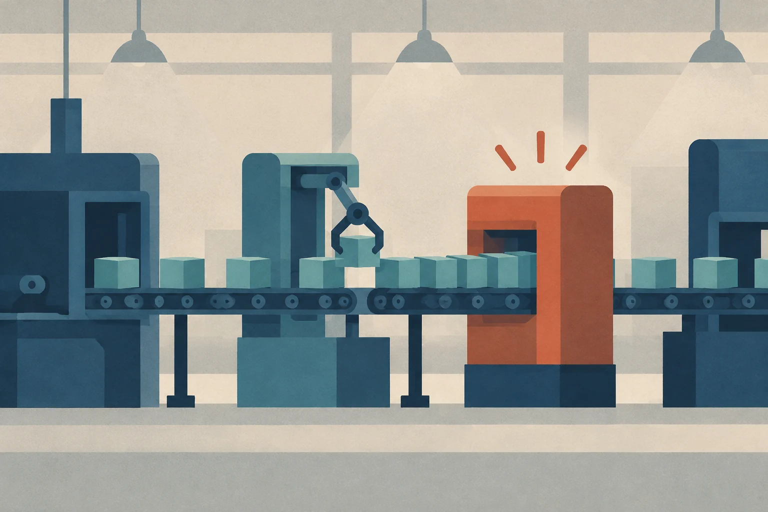 Illustration einer industriellen Produktionslinie mit mehreren blauen Maschinen und einer hervorgehobenen zentralen orangefarbenen Maschine mit Warnsymbol, verbunden durch ein Förderband mit Kisten.