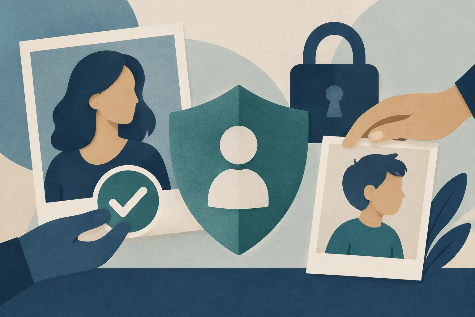 Konzeptionelle Kollage-Illustration, die Hände mit Fotos von Personen, einen grünen Schild mit einem Benutzer-Symbol und ein blaues Vorhängeschloss zeigt, was das Management von Bildrechten und den Datenschutz symbolisiert.