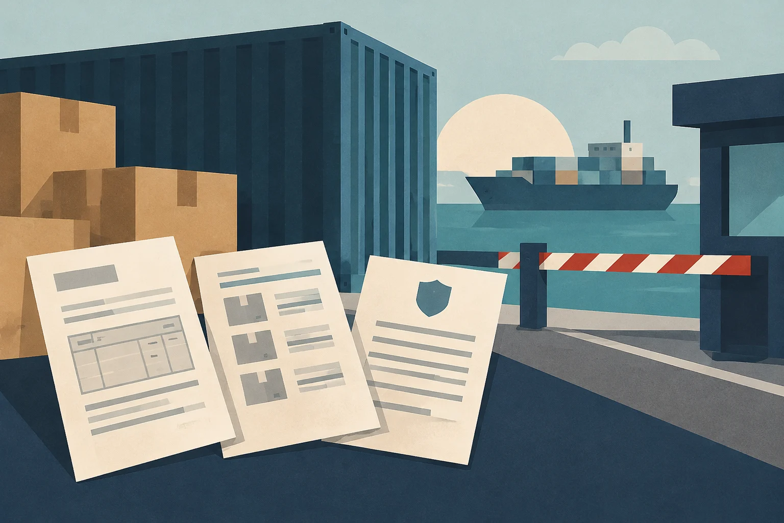 Konzeptionelle Illustration von Exportdokumenten auf einem Tisch, mit Kartons, einem Seecontainer und einem Hafen mit einem Schiff im Hintergrund.