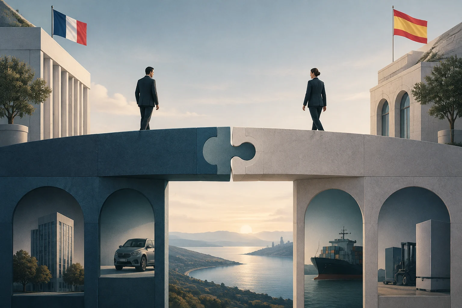 Zwei Geschäftsleute gehen über eine Brücke aus ineinandergreifenden Teilen zwischen Gebäuden, unter den Flaggen Frankreichs und Spaniens. In den unteren Bögen sind ein Gebäude, ein Auto, ein Frachtschiff und ein Gabelstapler neben Waren zu sehen.