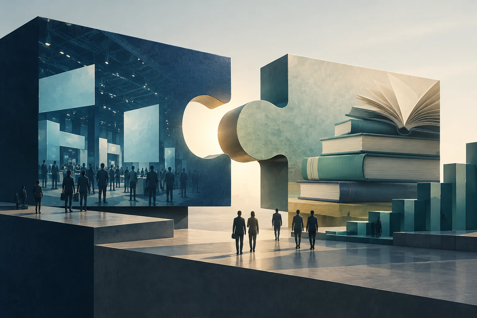 Konzeptionelle Illustration einer Ausstellungshalle mit Besuchern neben einem großen Puzzleteil, das mit einem Stapel Bücher verbunden ist, von denen eines aufgeschlagen ist.