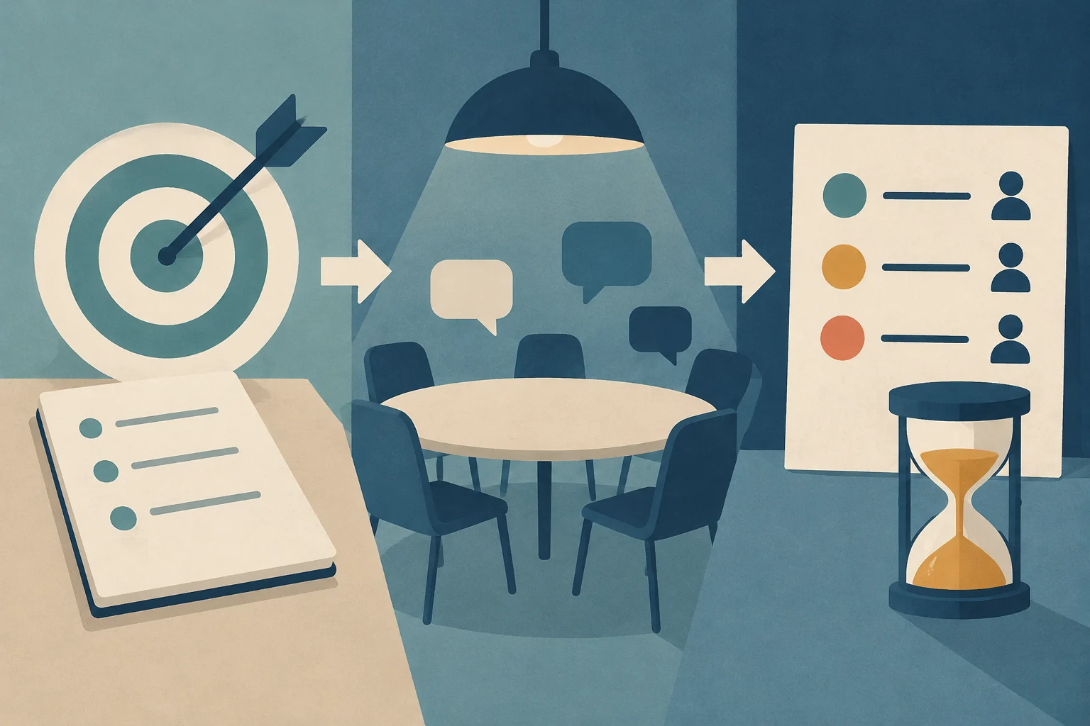 Konzeptionelle Illustration eines Arbeitsmeetings, unterteilt in drei Phasen: links ein Ziel mit einer Pfeil und ein Notizbuch mit Notizen; in der Mitte ein Besprechungstisch mit Stühlen und Sprechblasen unter einer Lampe; rechts ein Panel mit Personen-Icons und Linien, neben einer Sanduhr.