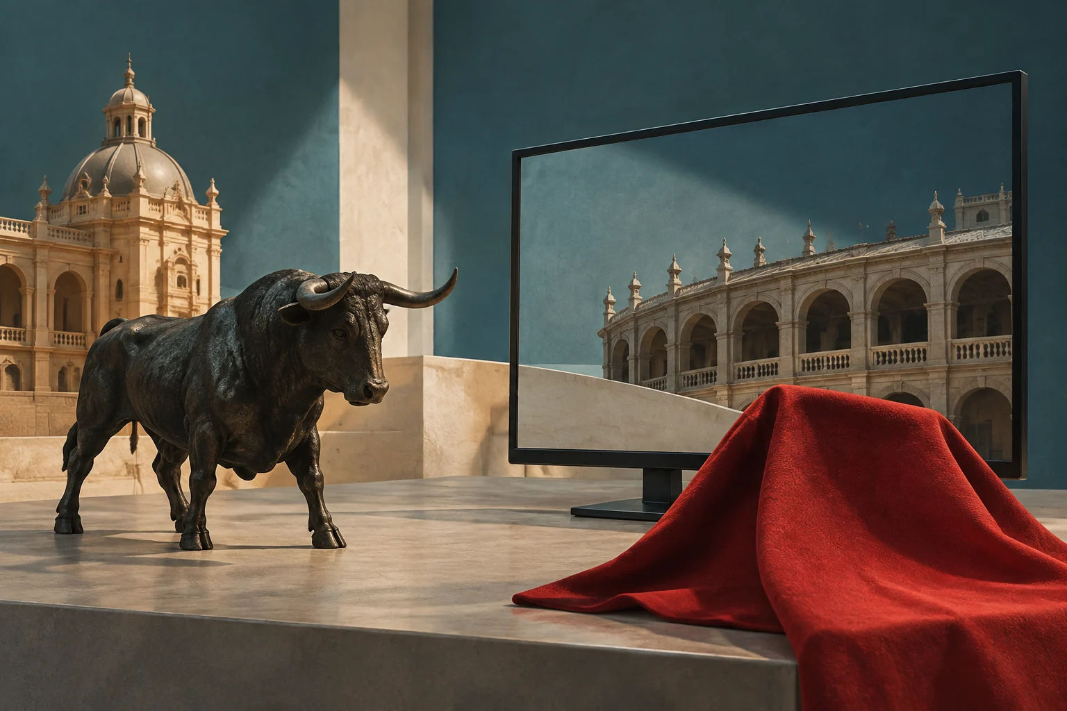 A dark bull and a red cape stand in front of a screen showing a bullring, beside a domed building.