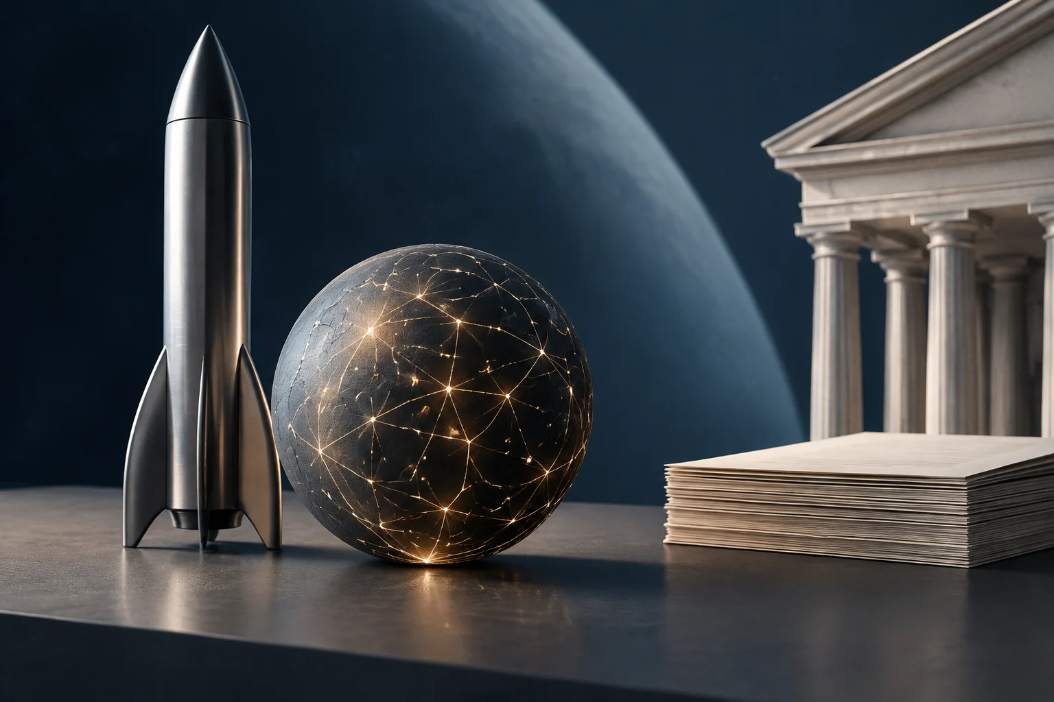 A silver rocket and a dark sphere crossed by glowing lines sit on a surface, with a large planet behind them and a classical building beside a stack of documents on the right.