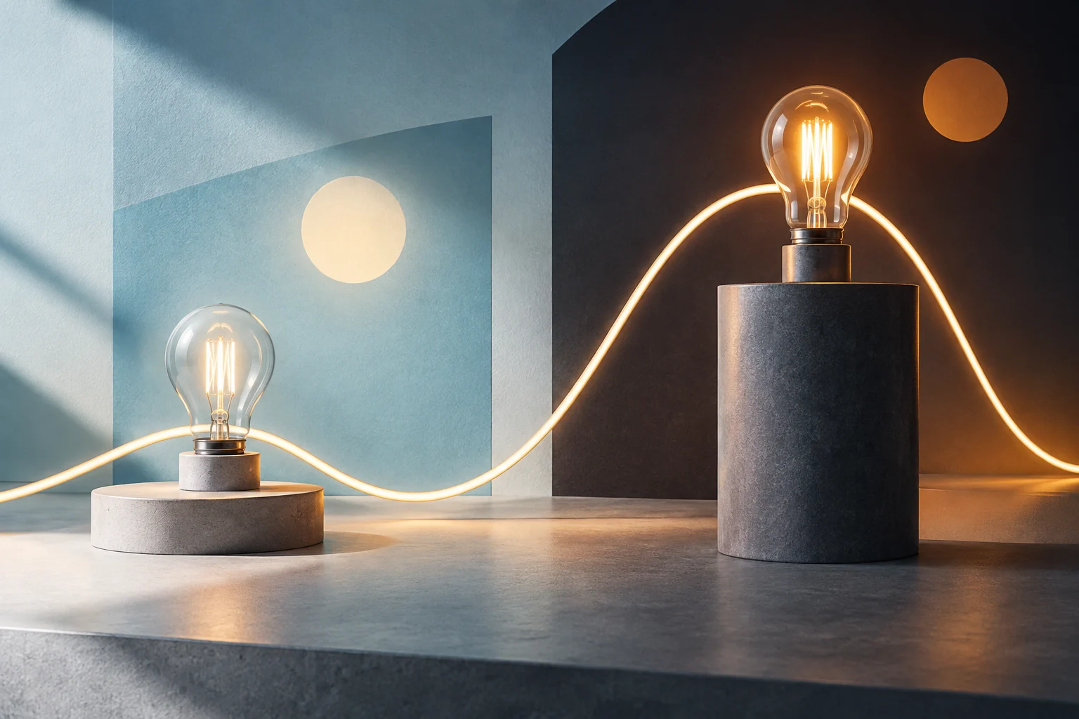 Two illuminated light bulbs stand at different heights on cylindrical bases, connected by a curved glowing cable.