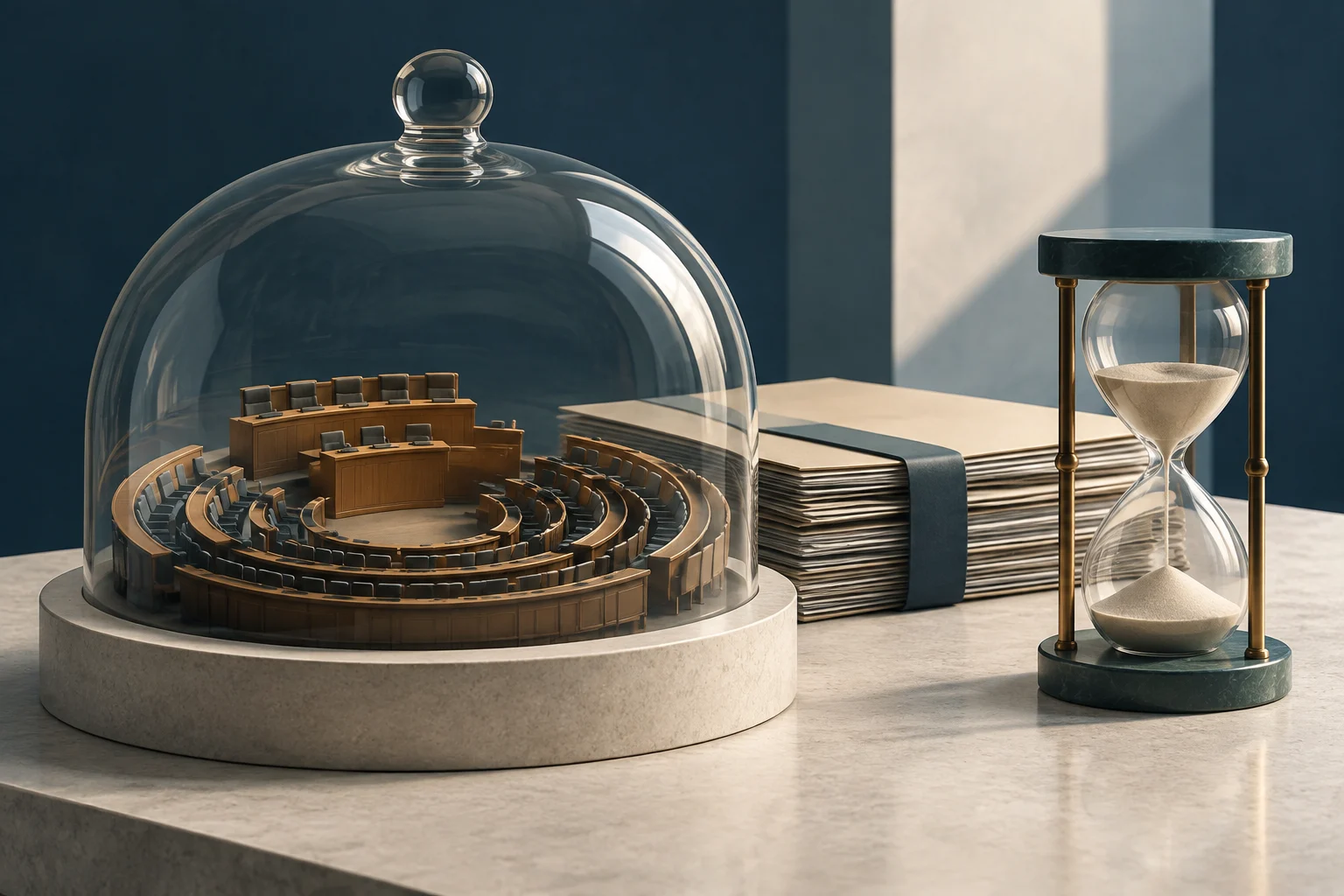 A miniature parliamentary chamber sits beneath a glass dome. Beside it are a stack of documents and an hourglass.
