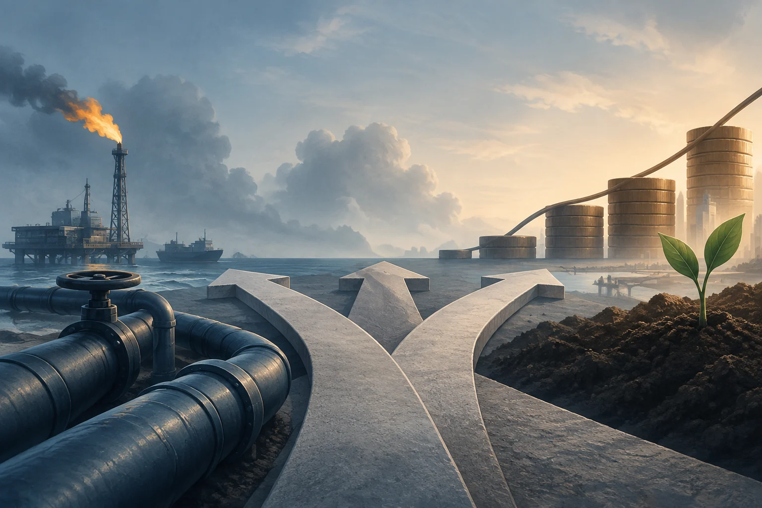 Illustration of an offshore oil facility with a flame and smoke, foreground pipelines, diverging concrete paths, rising stacks of coins, and a small sprout.